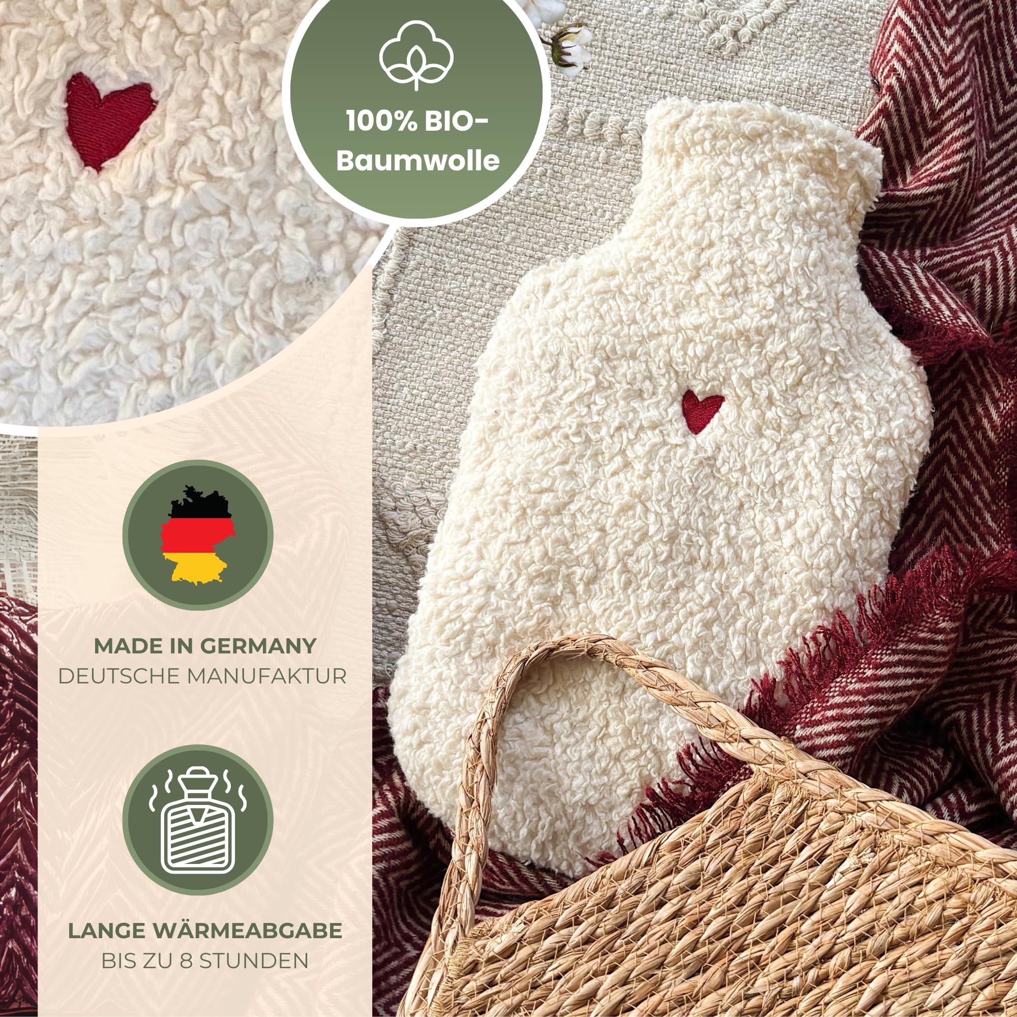 kontor28 - Morbida borsa dell'acqua calda TEDDY con rivestimento in 100% cotone biologico, realizzata a mano in Germania, a prova di perdite, inodore e analgesico per bambini/adulti – 2,0 litri