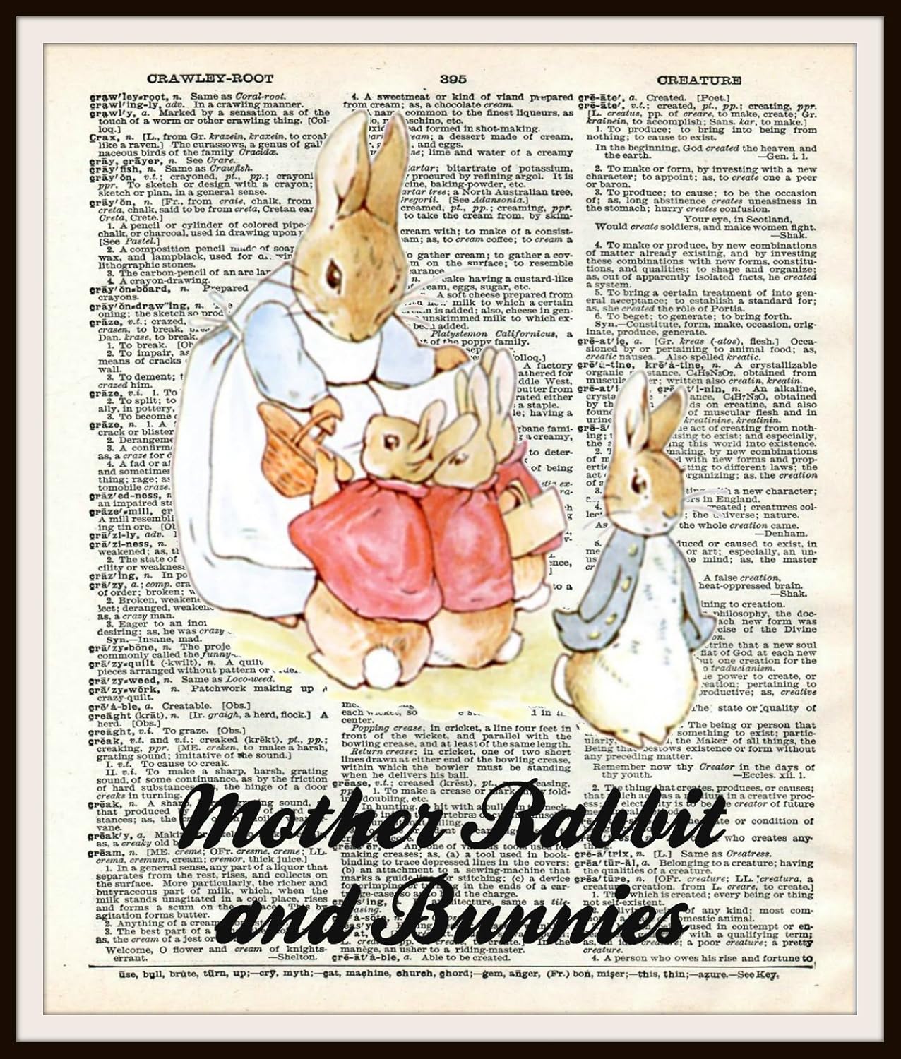 Set of 4 Beatrix Potter Prints, Unframed Peter Rabbit and Friends on Ephemera Dictionary Page, Nursery Baby Prints, Shower Gift 8 x 10"