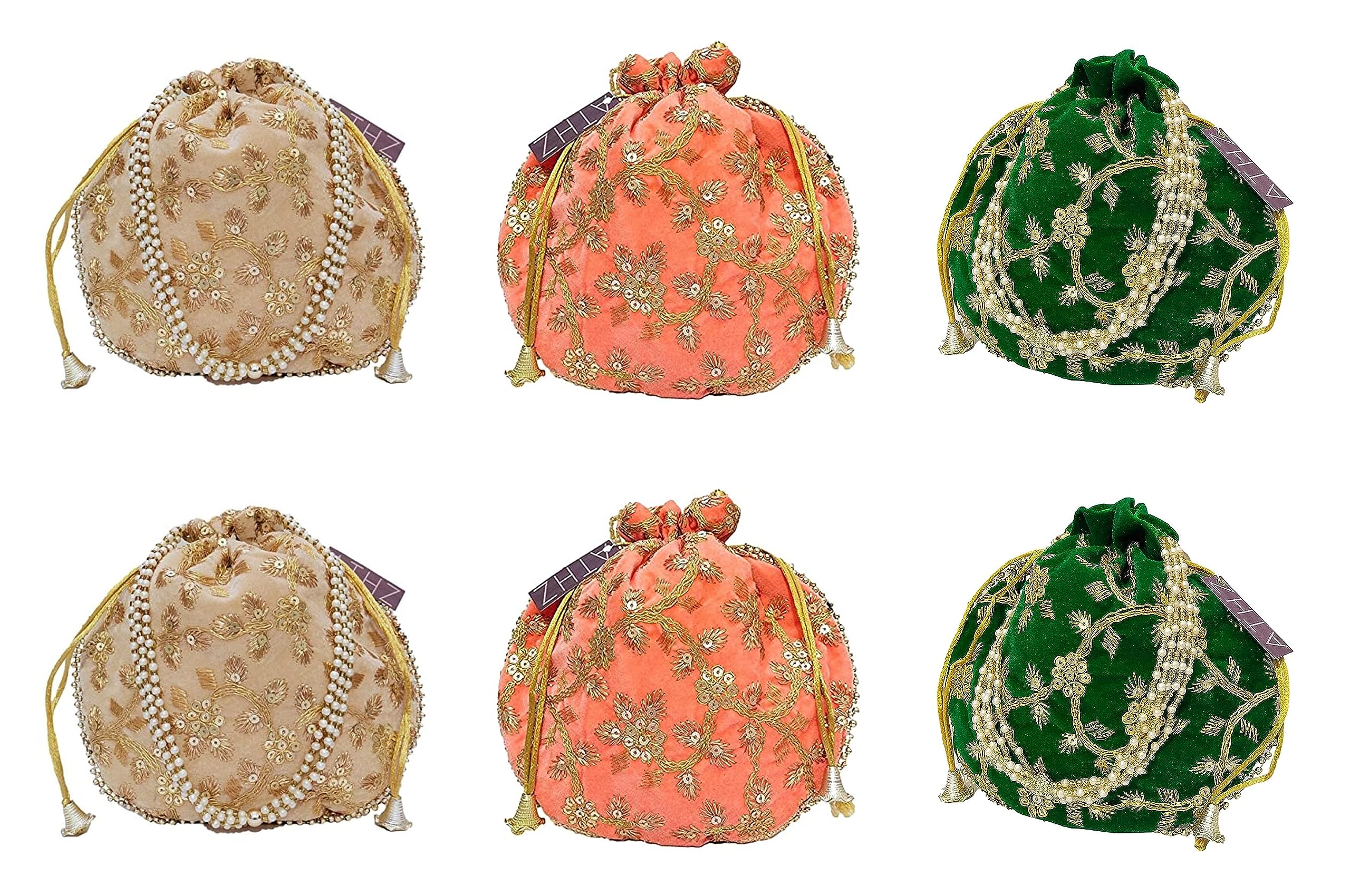 ATHZ Potli Bag Velvet Golden work wedding potli for ladies (Bright Peach, Beige, Rama Green)