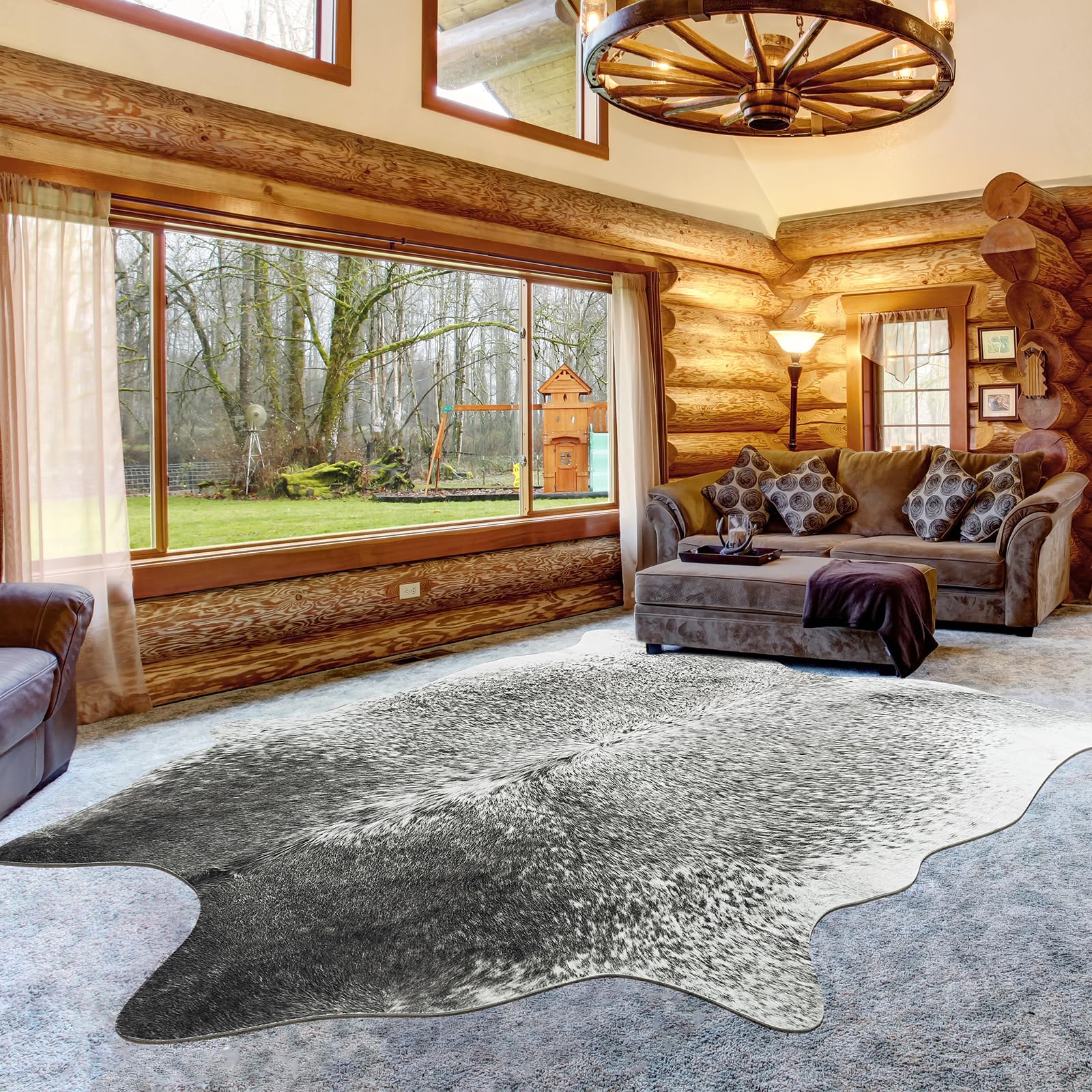 Rtizon Faux Cowhide Rug for Living Room, 5.2 x 6.2 Feet Grey, Cow Print Skins Rug for Bedroom, Premium Faux Fur Animal Cow Hide Rugs Carpet for Western Decor