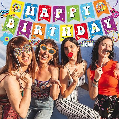 Miniatura 5 de Crenics Decoraciones para fiestas temáticas de los años 60: telón de fondo retro groovy, pancarta, remolinos colgantes, centros de mesa, accesorios