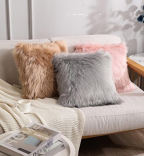 Miniatura 3 de Peshtemania Almohadas mullidas grises (2 paquetes de 20 x 20 pulgadas) bonita funda de almohada de piel sintética decorativa para sofá, fundas de