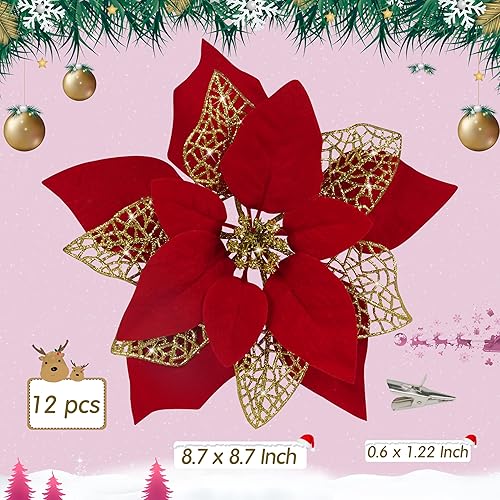 Miniatura 4 de Flores de Pascua artificiales con purpurina y clips de bricolaje para decoración, adornos y coronas de Navidad para decorar árboles de Navidad y