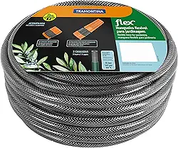 MANGUEIRA FLEX EM PVC PRETO PARA JARDIM, COM 25 METROS E COM ENGATES PLASTICOS