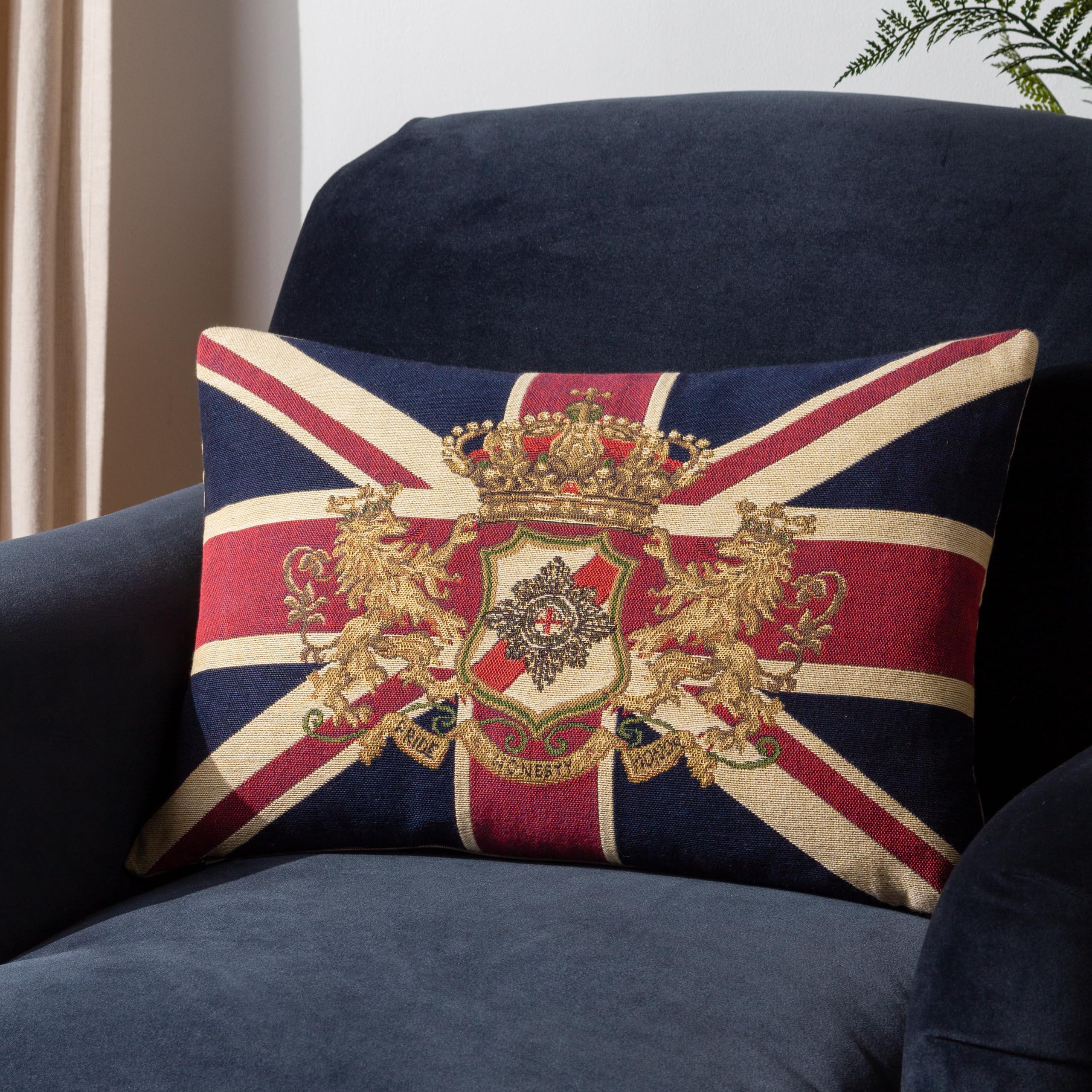Evans Lichfield Union Jack Lion Crest Flag Tapestry Feather Rich Filled Cushion