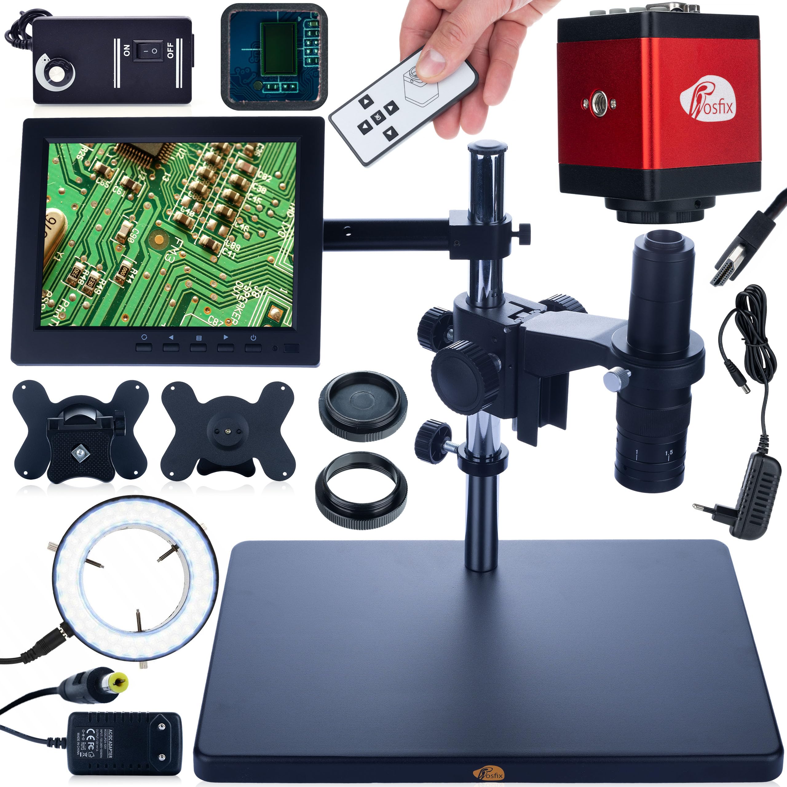 Rosfix Earth Pro MCEP-0.5X - Microscopio estéreo digital con pantalla de 8 pulgadas, iluminación 56 LED, cámara HDMI, zoom de 7 a 45x, montaje en C, para laboratorio, industria, electrónica | sistema