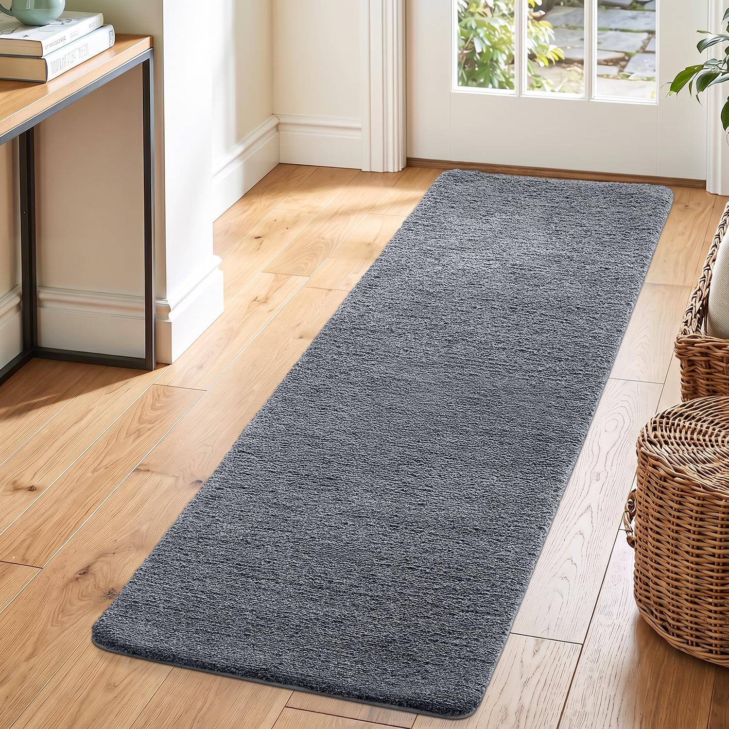 DEXI Flur Teppich Läufer 60 x 180 cm, rutschfest, Grau-blau | Maschinenwaschbar, Saugstark, Schmutzfangmatte, Für Flur, Küche & Haustür