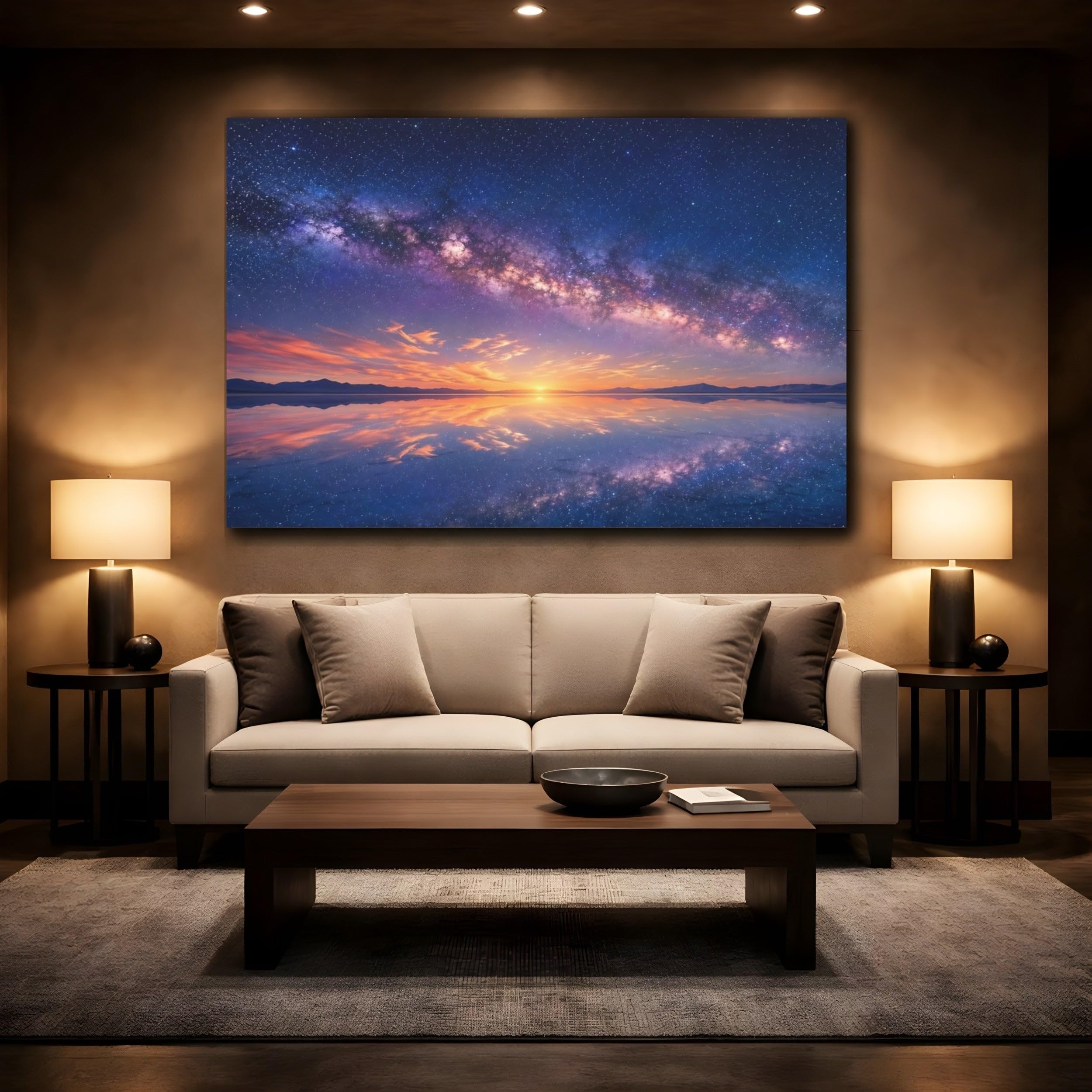 Nature Milky Way Reflection Canvas Wall Art Print – Photorealistic Living Room, Above Fireplace 24×16 inch (60×40 cm) - Horizontal / 1.25 inch (3 cm)