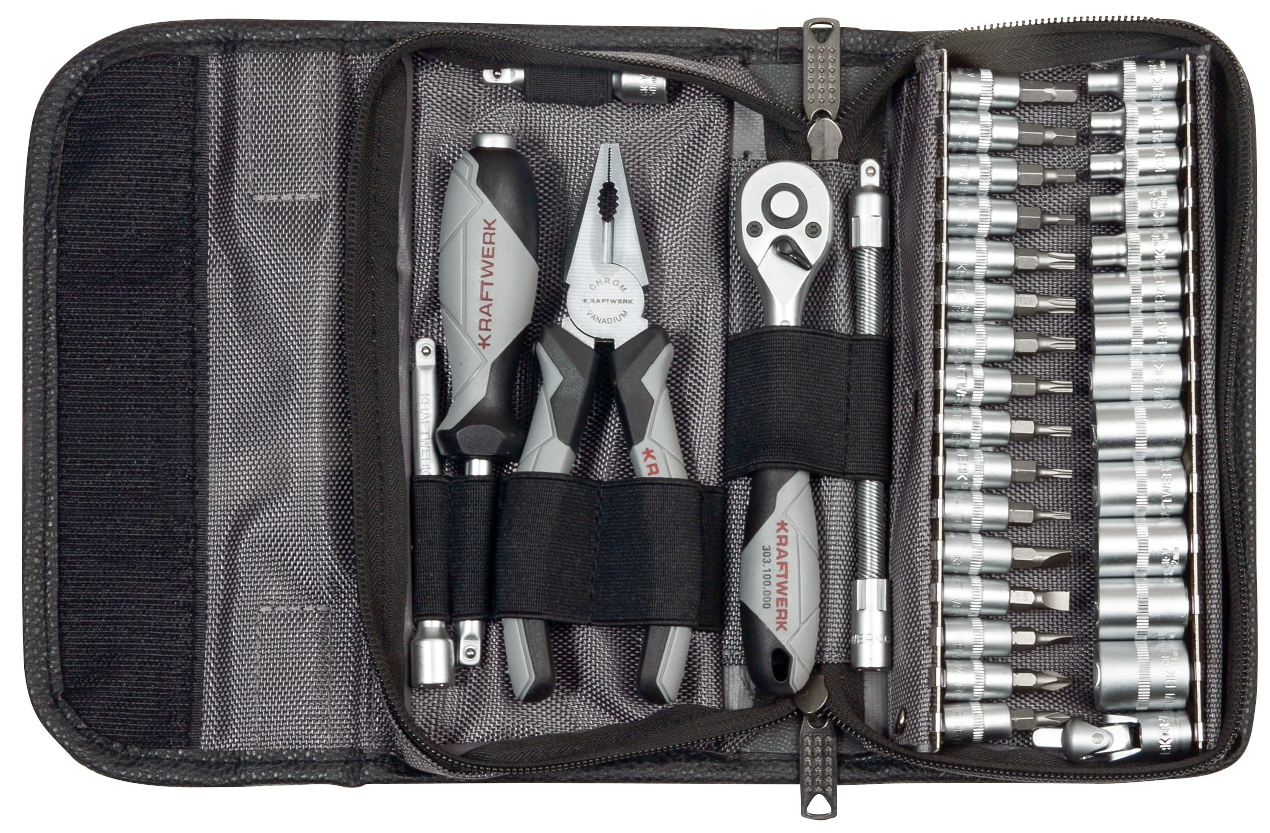 Kraftwerk Tool Set 36 Pieces | Tool Bag Filled with Socket Spanner Set 1/4 Inch and Reversible Ratchet | Tool Case with Combination Pliers Tool Set Item No.: 208.103.000