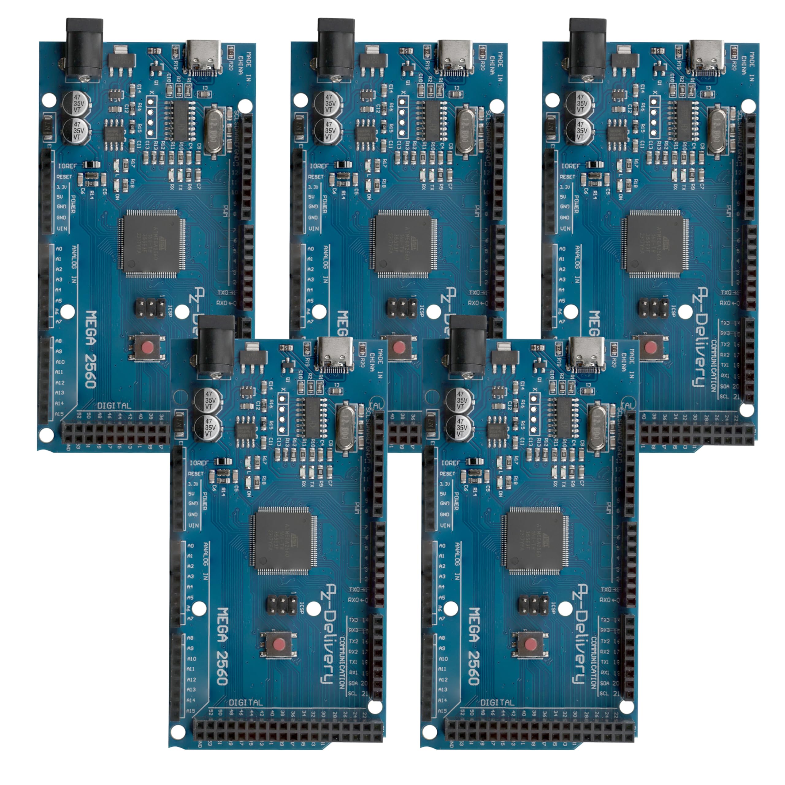 AZDelivery 5X AZ-MEGA2560-Board Mikrokontroller mit USB-C Anschluss Entwicklungsboard kompatibel mit Arduino inklusive E-Book!