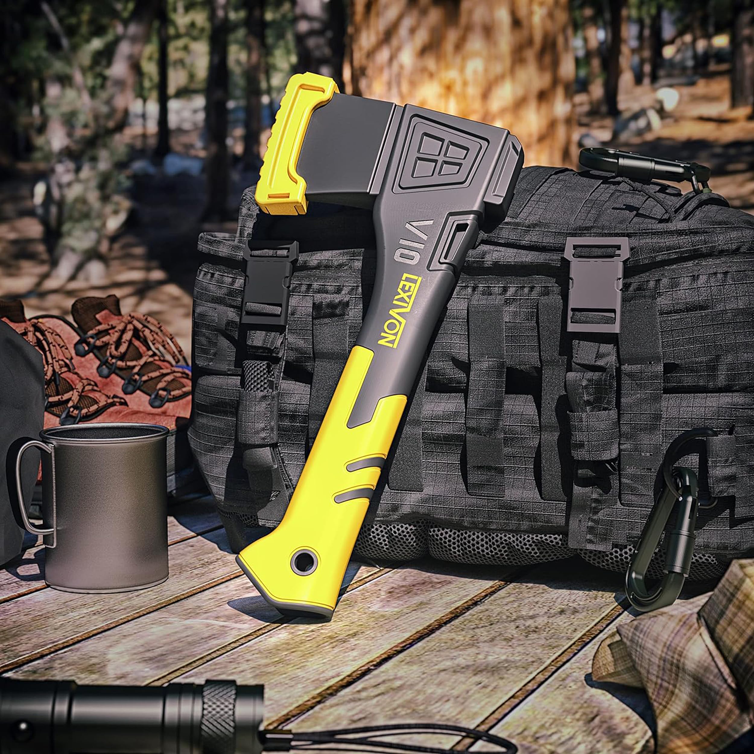 LEXIVON V10 Hacha de Camping de Longitud: 25 CM | Agarre ergonómico TPR, Mango Compuesto Ligero de Fibra de Vidrio | Funda Protectora incluida (LX-V10)