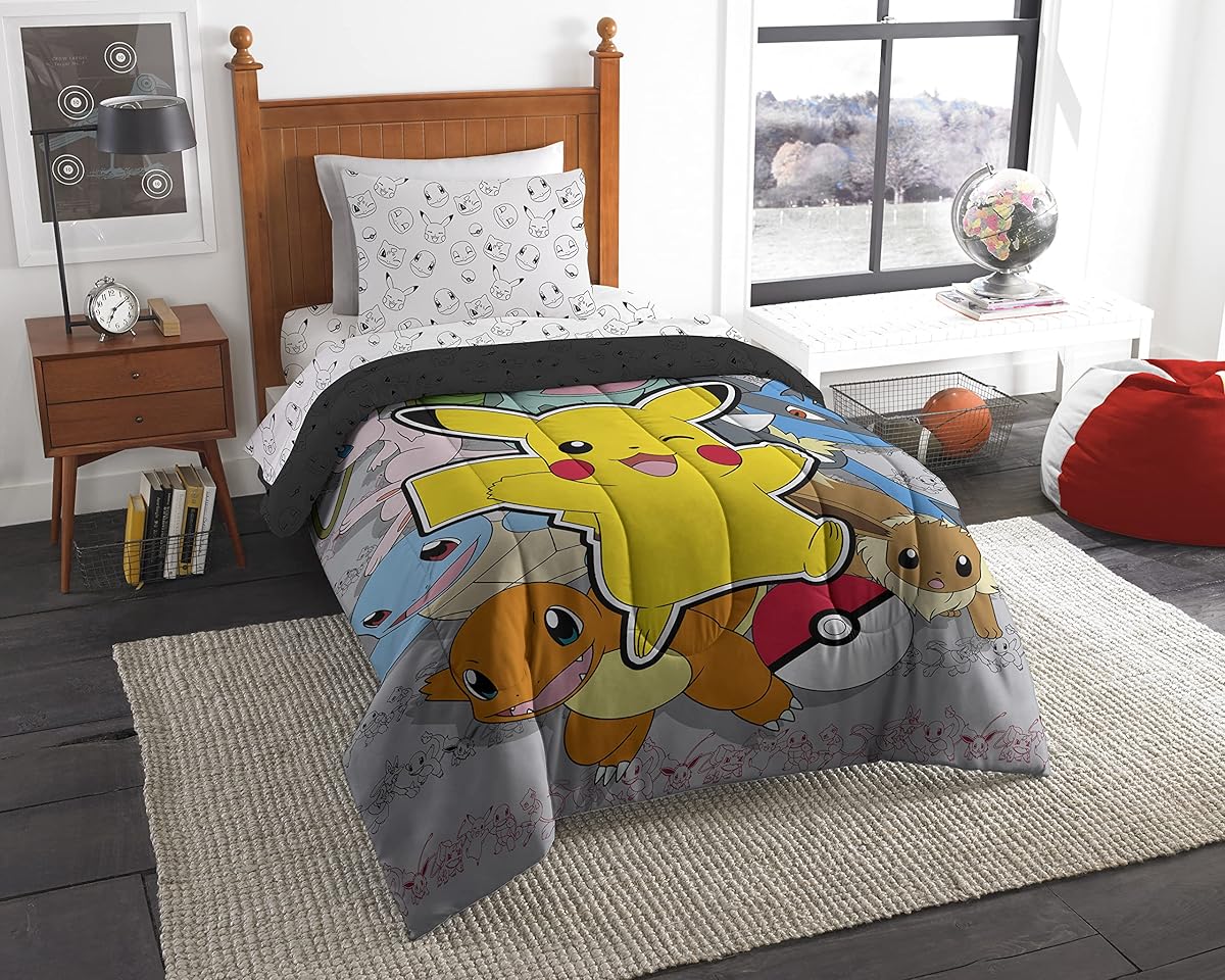 Northwest Pokemon Twin Sized Bed in a Bag Set, Pikachu Squirtle Eevee Charmander, Anime Bedding for Girls Boys, Battle Squad