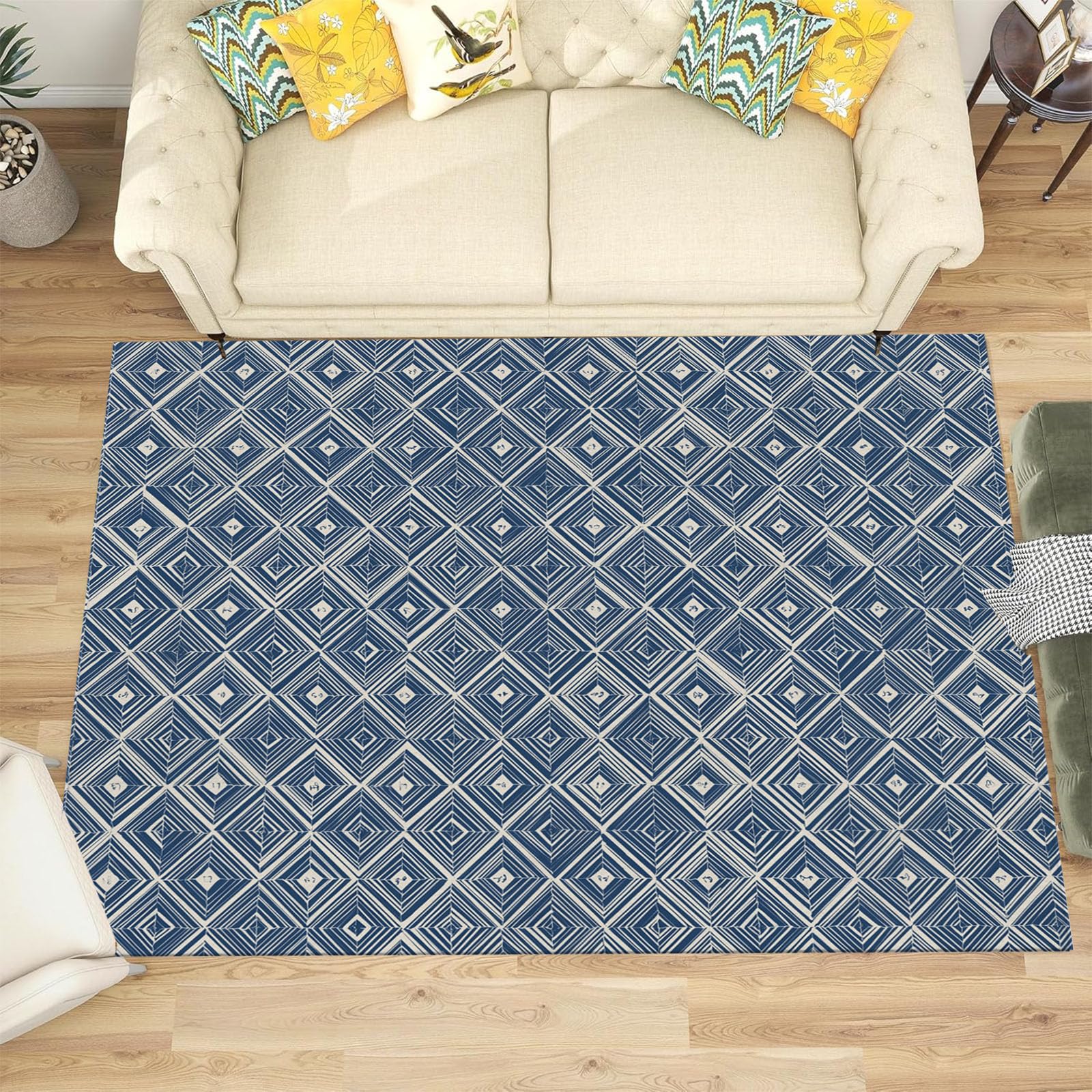 Tapis Lavable Losange Rayé, Antidérapant Géométrie Orientale, Résistant Aux Taches pour Intérieur, Décoration pour Salon, Chambre À Coucher, Bureau - Bleu Marine - 80X150Cm