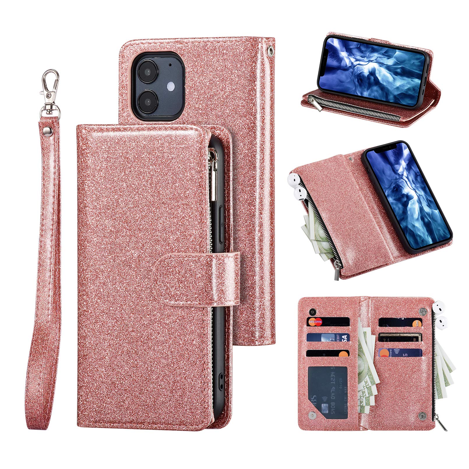 ZCDAYE Custodia A Libro Con Magnete Per IPhone 12 Mini 5,4'' - Pelle PU Con Motivo Ceramico Rosa, Porta Carte E TPU Morbido - 3