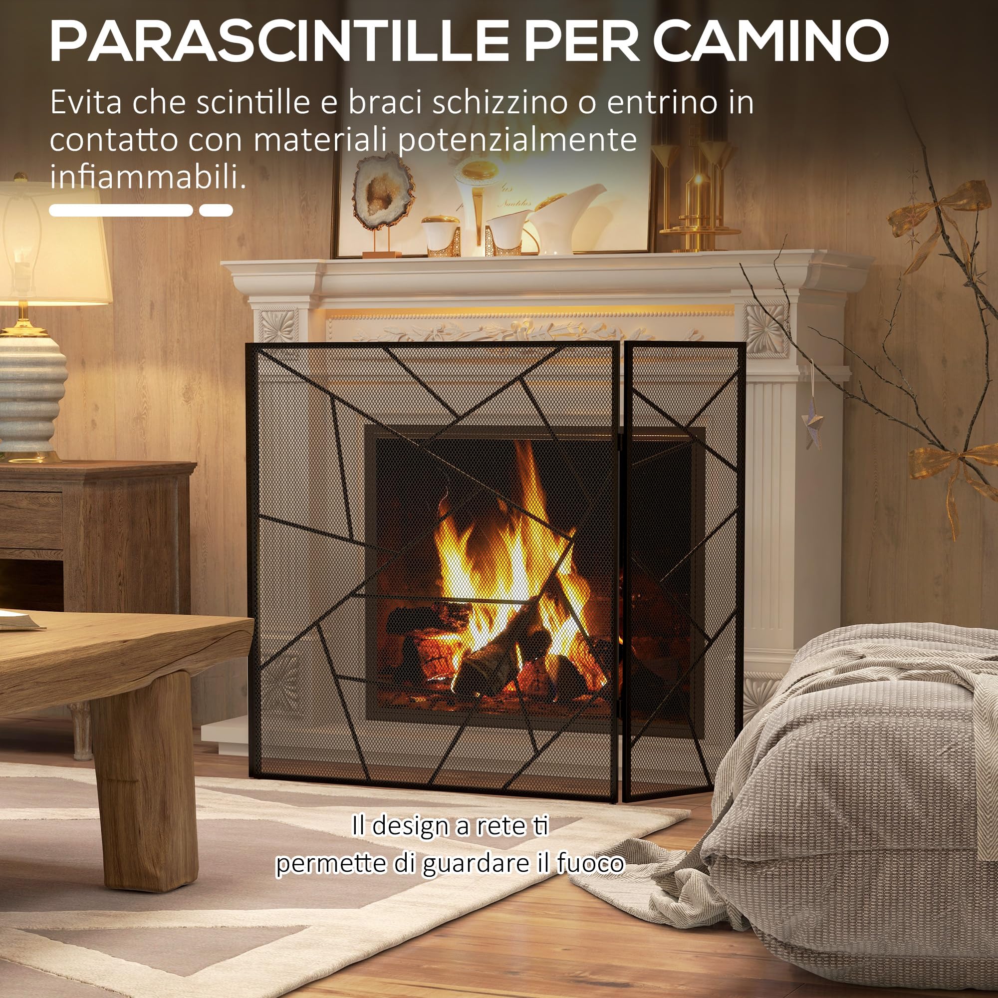 HOMCOM Griglia Parascintille per Camino Pieghevole a 3 Pannelli, Schermo per Caminetto in Acciaio con Design Geometrico, 135x1.2x85cm, Nero