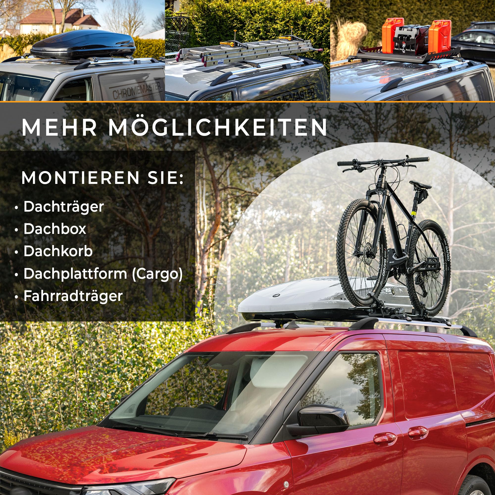 CHROMEMASTER | Dachrelinge Dachträger Kompatibel mit VW Transporter T5 L1 KURZ 2003-2015; Geeignet zur Montage von Dachträgern, Dachboxen und Fahrradträgern | Einfache und Schnelle Montage
