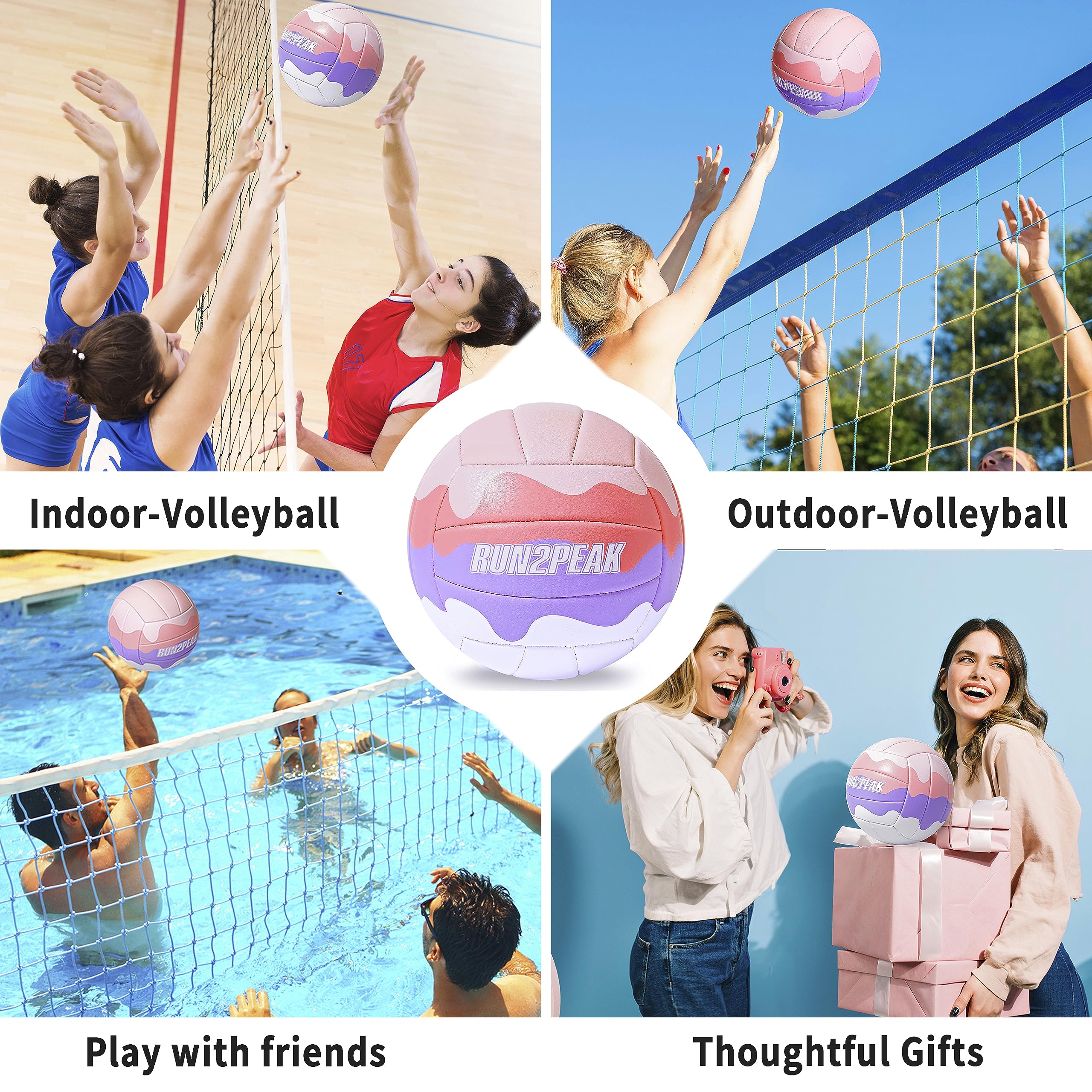 RUN2PEAK Ballon de volley-ball doux au toucher pour adolescentes, filles, enfants, jeunes équipes, débutants, ballons de volleyball durables pour extérieur, intérieur, plage, piscine, jeu d'eau