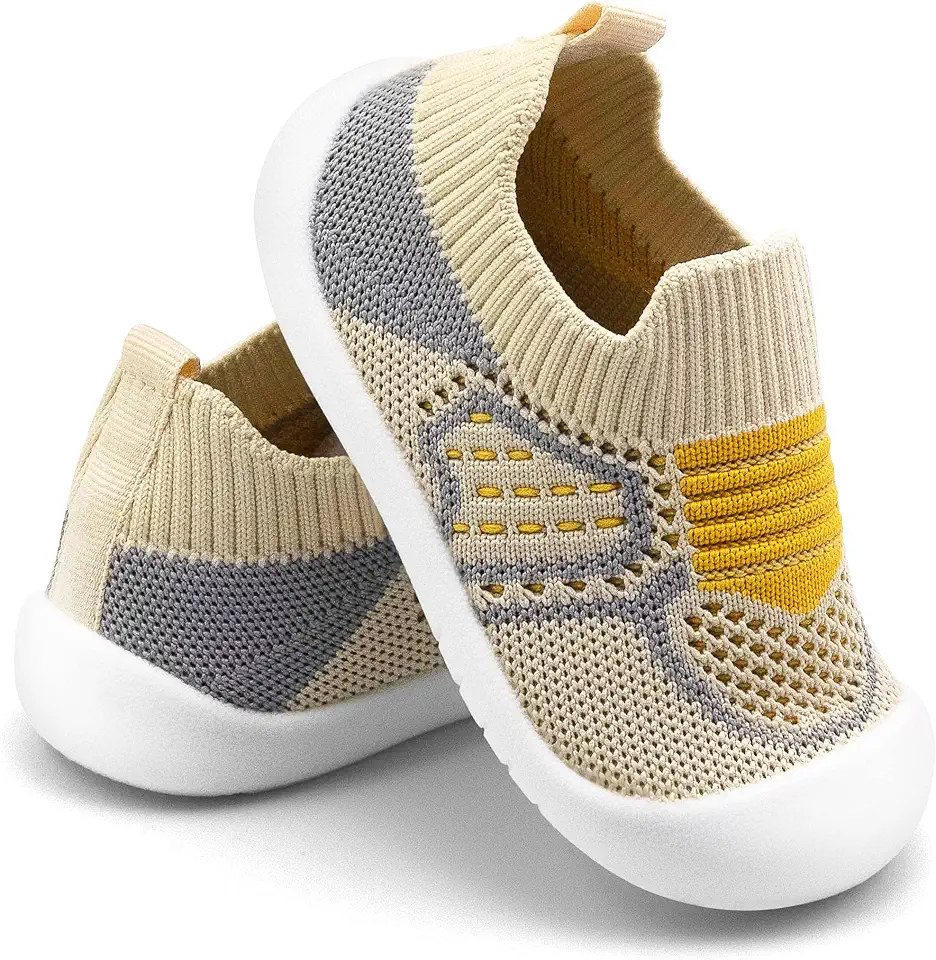 Tênis infantil para bebês, respirável, sola macia, antiderrapante, para meninos e meninas, primeira caminhada, 6, 9, 12, 18 e 24 meses, Amarelo-bege, 20