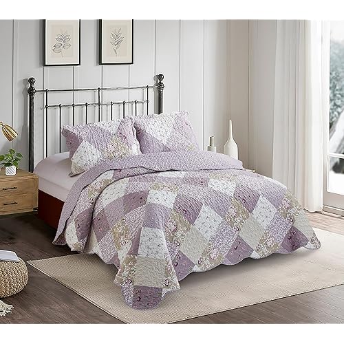 Brilliant Sunshine Lilac and Beige Rose Patchwork, 3-Piece Quilt Set with 2 Shams, Reversible Bedspread, Soft Lightweight Coverlet, All-Season, Full/Queen, Lilac