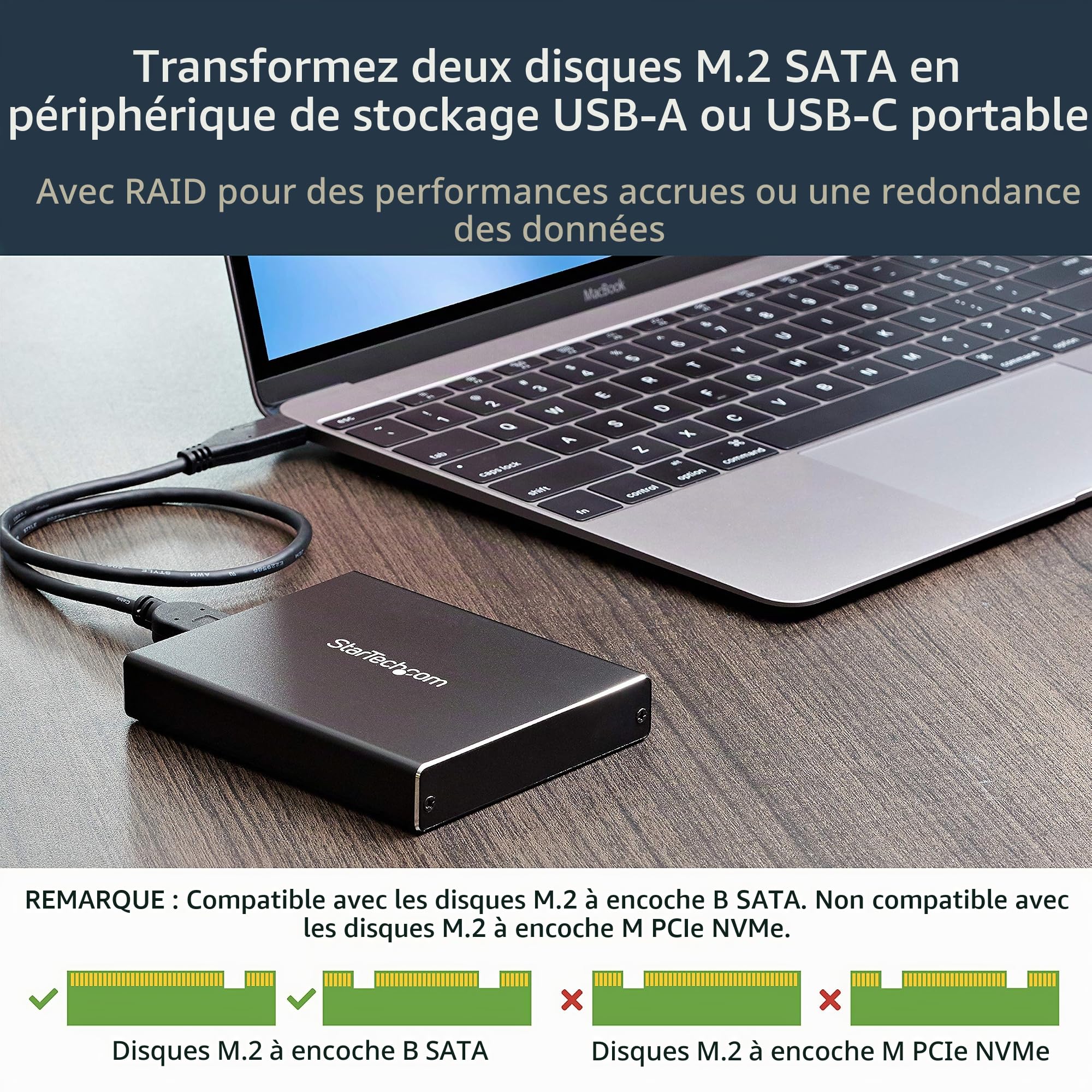 StarTech Boîtier RAID M.2 SATA Double Slot, USB 3.1 10Gbps (SM22BU31C3R) | Boîtier externe, RAID 0/1/SPAN/JBOD, Câbles USB-C et USB-A, dock