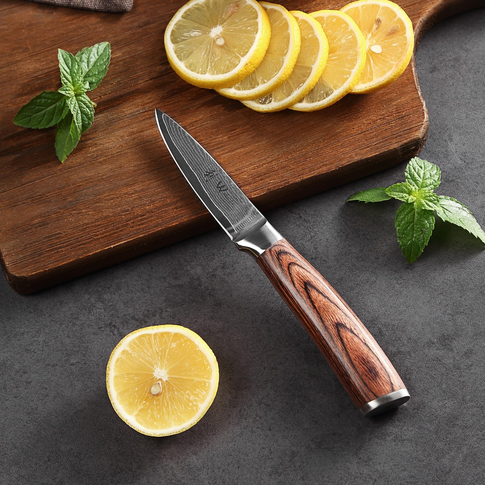 Wakoli EDIB Officemesser aus echtem Damaststahl (VG10 Kern) mit 8,5 cm Klinge – Scharf und handlich – Kleines Küchenmesser, Obstmesser & Gemüsemesser – Damastmesser mit Pakkaholzgriff in Geschenkbox