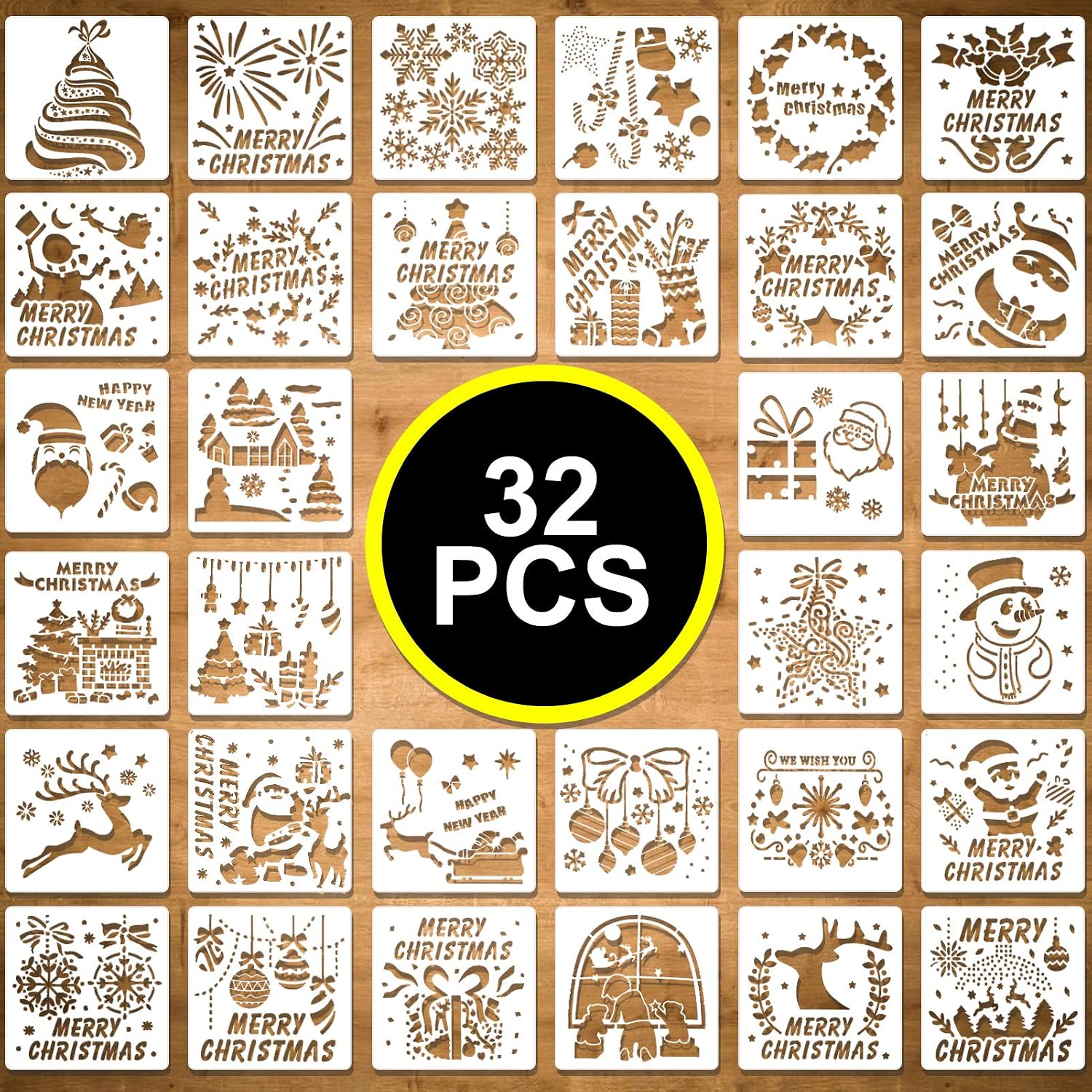 Juome Christmas Stencils for Painting on Wood, 32 Pcs Reusable Stencil Set Including Merry Christmas Snowflakes Santa Claus Christmas Tree for Christmas Decorations, Christmas Gifts, Art & DIY Crafts