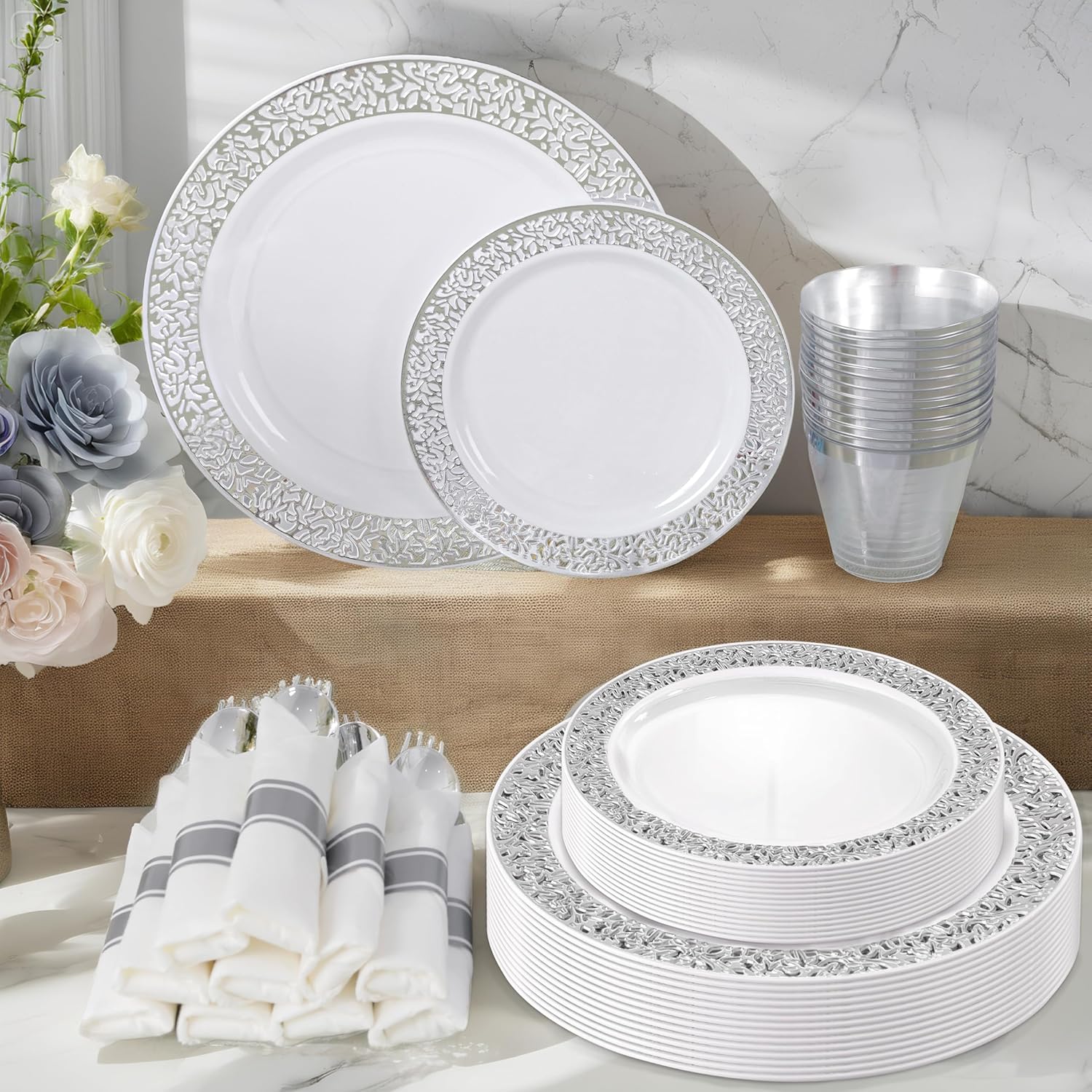 WELLIFE 350 Pieces Silver Disposable Plastic Dinnerware, Includes:50 Dinner Plates, 50 Dessert Plates, 50 Cups, 50 Pre Rolled Napkins with Silver Cutlery - Image 3