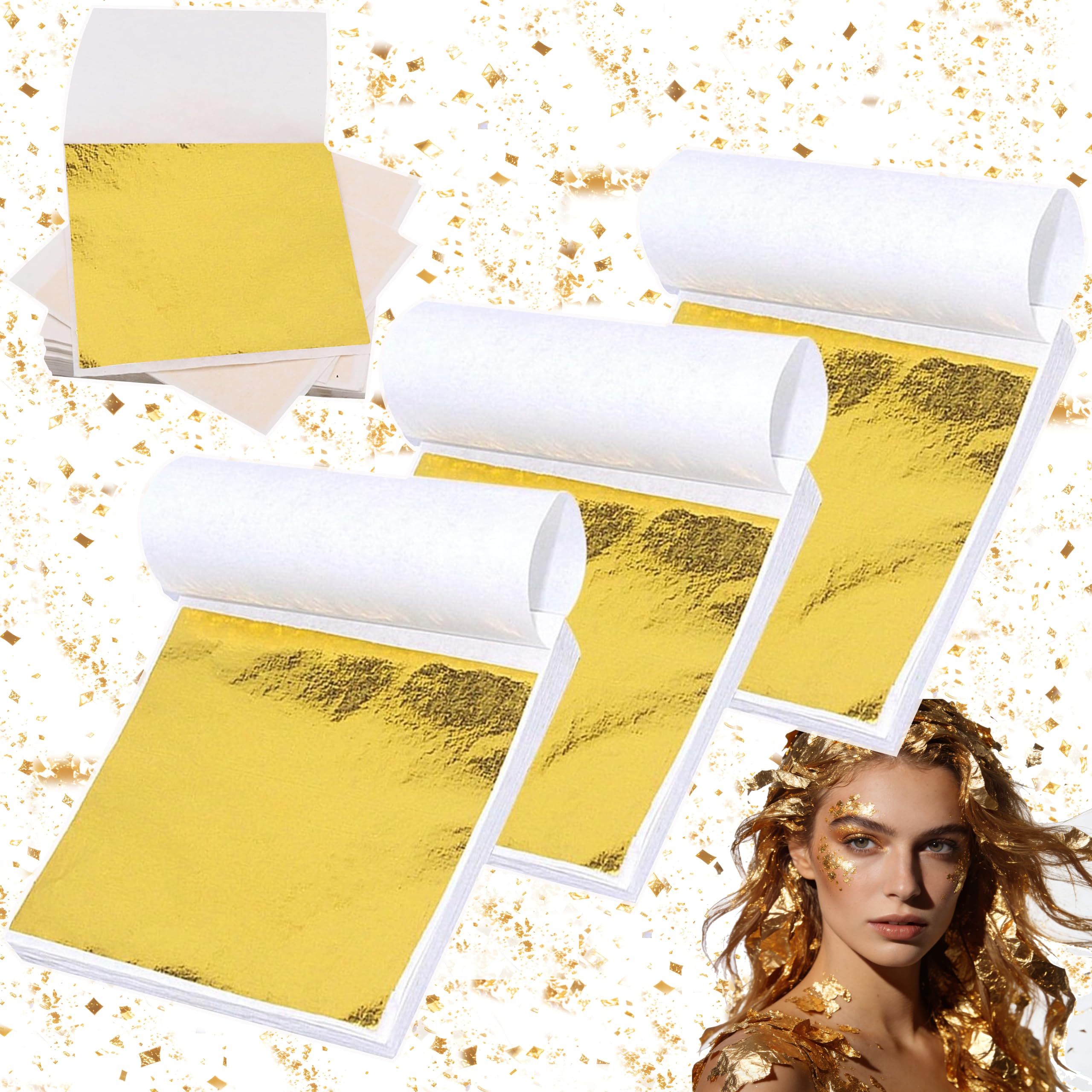 Rliocvhe 300 Stück Blätter Blattgold Imitation Dekoration, 8X8.5cm Blattgold zum Basteln, Blatt Goldfolie Flocken, Blattgoldblätter Decoration für Malerei, Holz, Möbel Dekoration,Goldblattblätter DIY