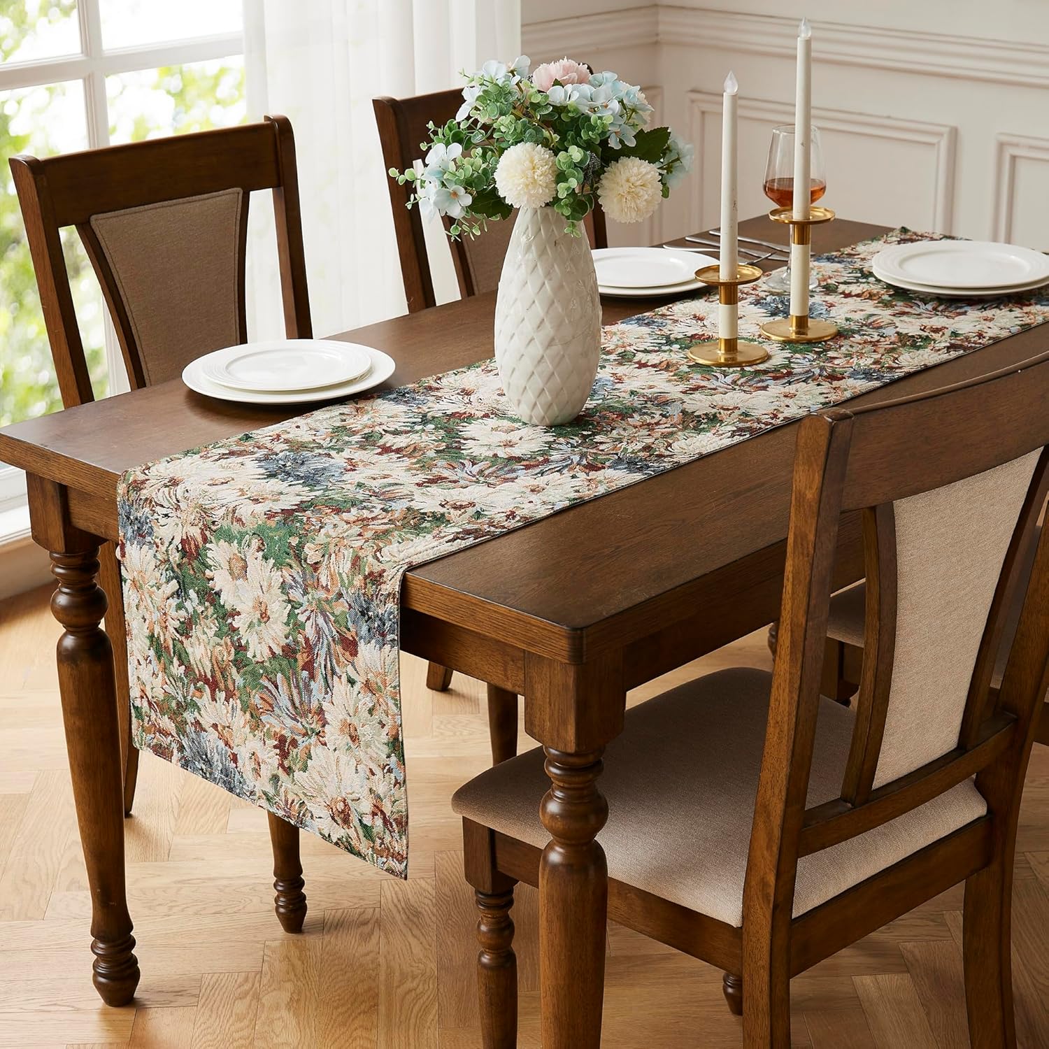 LINENZONE Tapestry Table Runner with Сhrysanthemums Flower Design - 48 Inch for Small Dining, Dresser, Coffee Table Rustic Décor. (Dina 16 x 48)