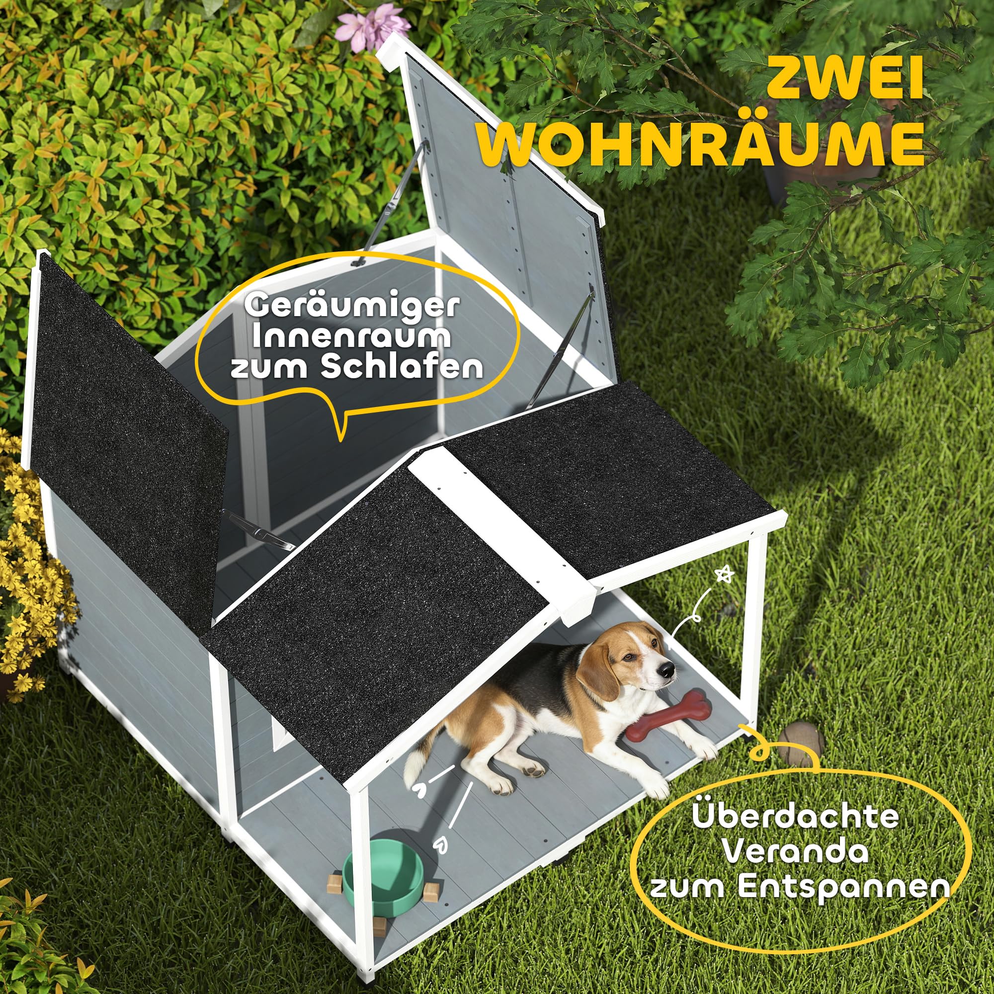 PawHut Buda dla psa z drewna wodoodporna z podwyższoną podstawą 103 x 107 x 83,5 cm, dach bitumiczny, taras, okno, dla średnich psów do 20 kg, szara