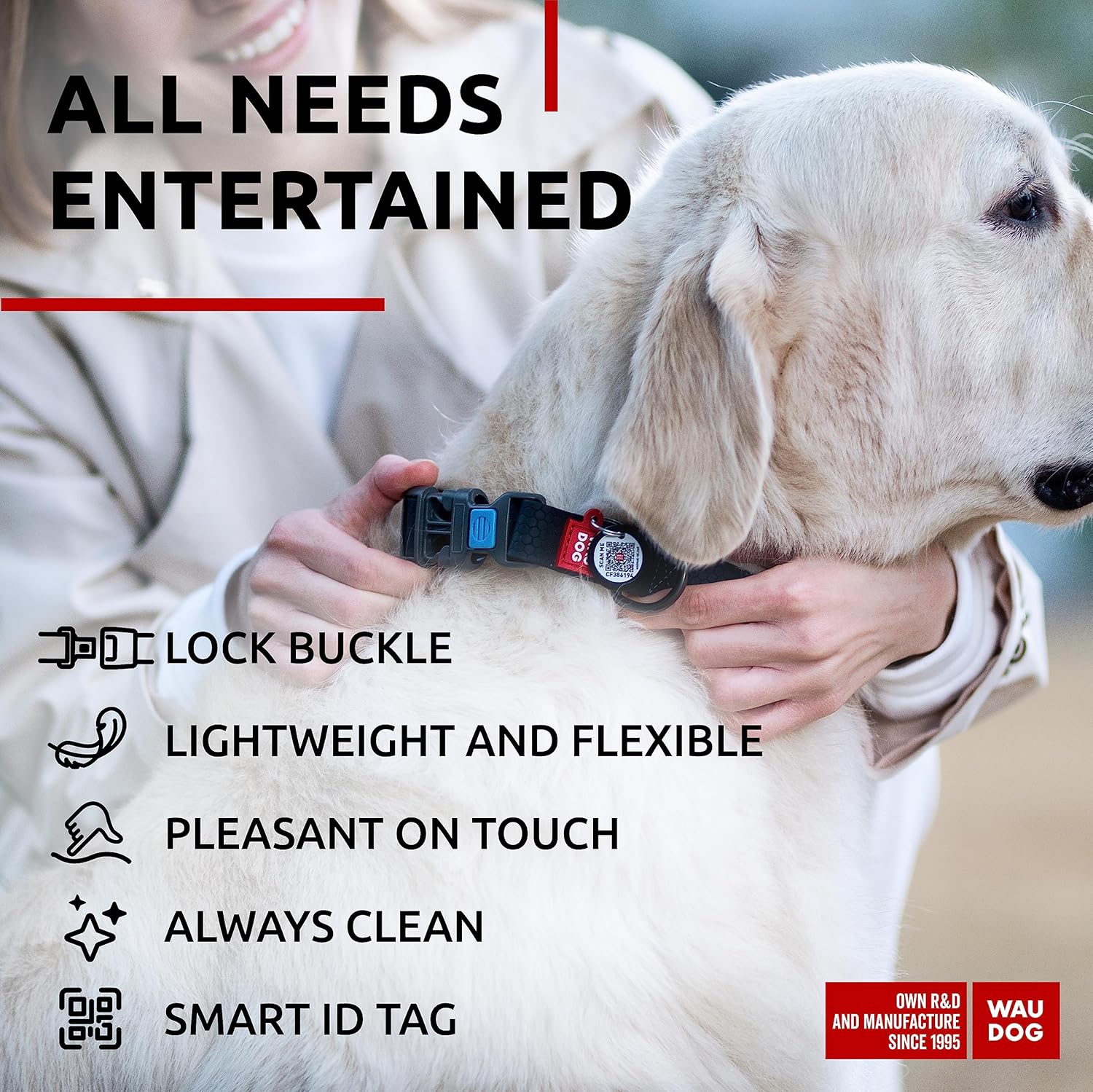 WAUDOG Waterproof Dog Collar - Adjustable Dog Collar for Large Dogs, Small and Medium Dogs - Breakaway Dog Collar Waterproof with Plastic Buckle and QR Dog Tag - Boy & Girl Dog Collars (Black)