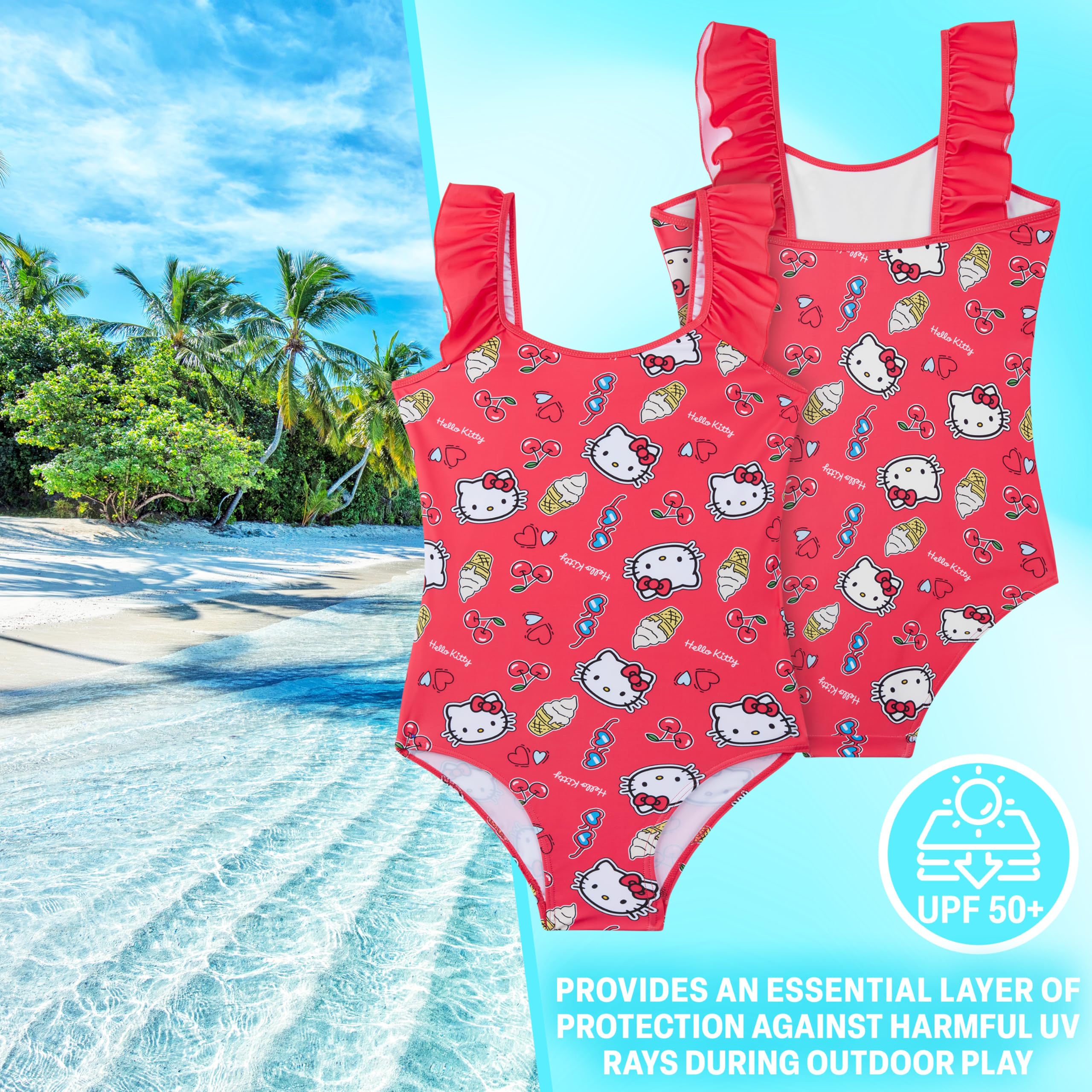 Hello Kitty Sanrio | Disney Stitch Bañador Niña UPF 50+, Bañadores Una Pieza con Volantes, Traje de Baño Verano Piscina Playa