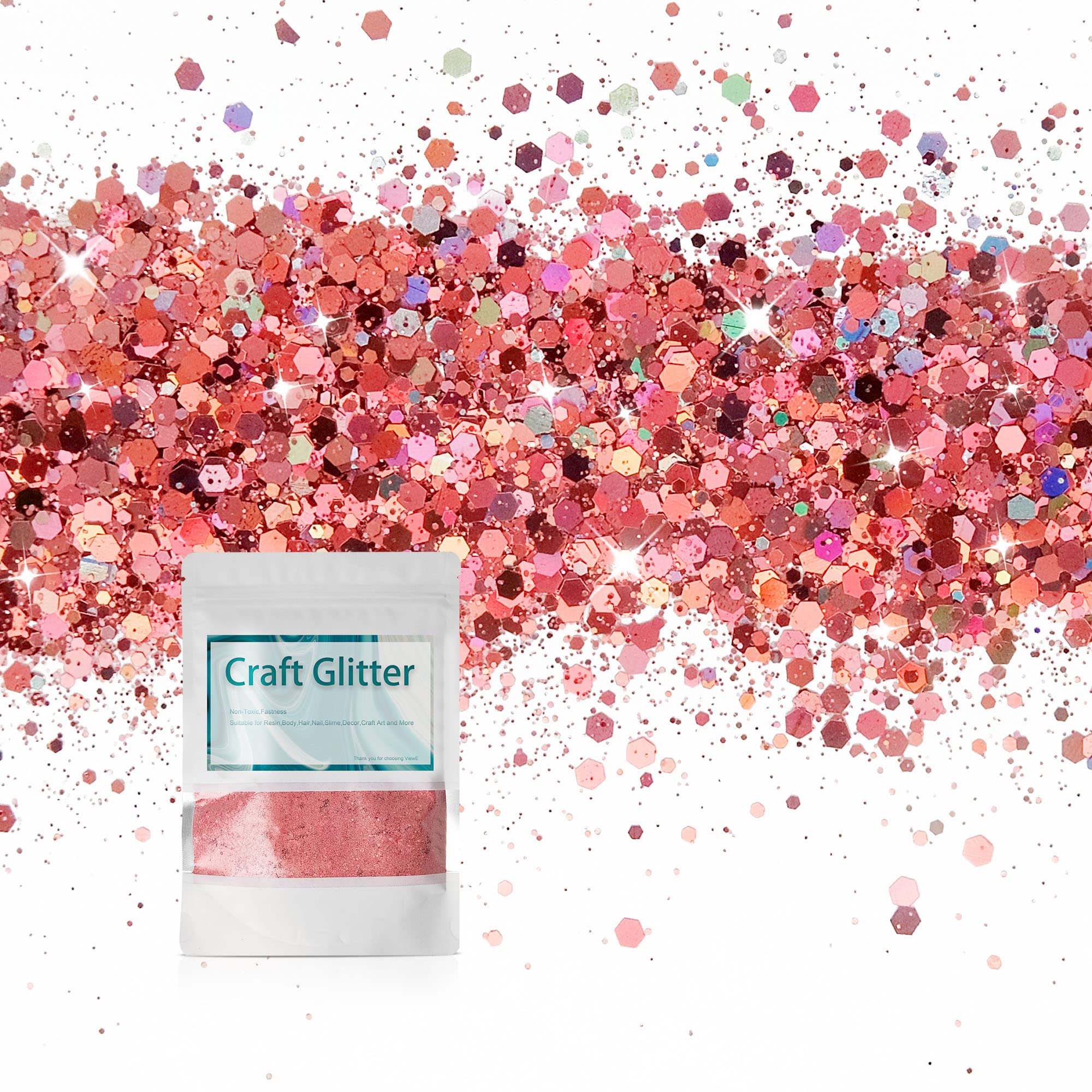 Holographic Chunky Glitter,200g/7oz Craft Glitter Powder Mixed Fine Flakes Iridescent,Glitter for Arts, Crafts, Resin,Nail, Hair,Body, Tumblers, Slime, Painting, Festival Decor,Cosmetic（Pink Mauve）