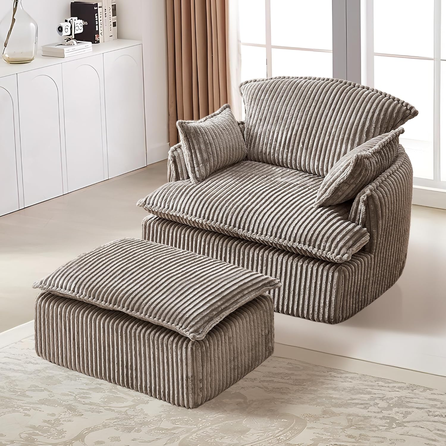 Oversized Accent Chair with Ottoman, Cloud Corduroy Armchair Barrel Chair Chaise Lounge Reading Chair for Living Room Bedroom Balcony Reading Room, Light Grey