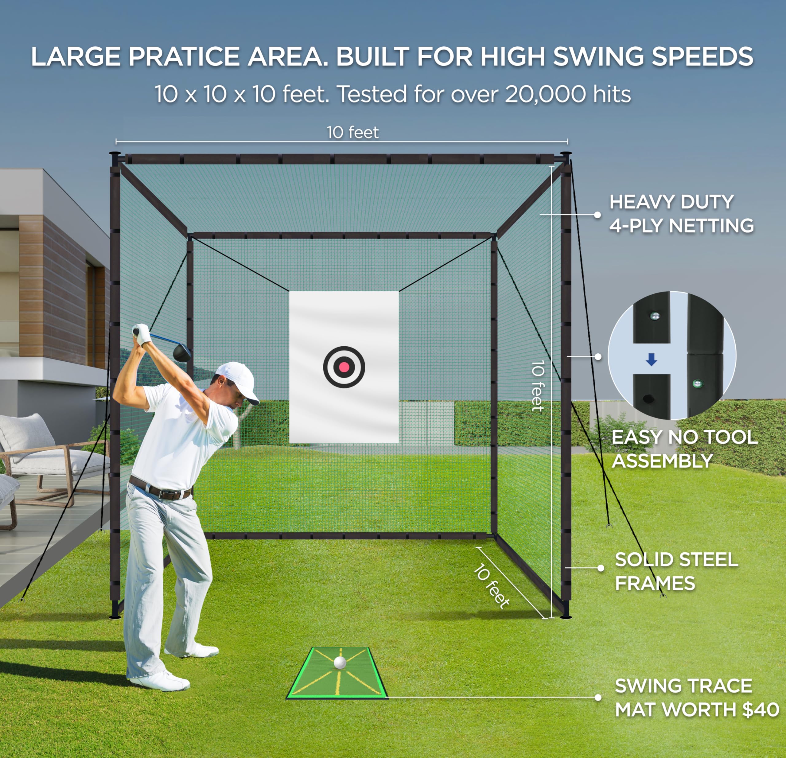 Golf Cage Net with Frame 10x10x10 Golf Net for Driving and Hitting Practice Includes Stability Rope Target Cloth and Swing Mat Color Green