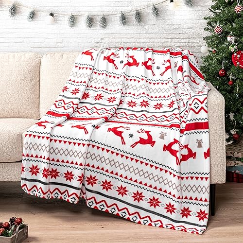PAVILIA Manta de Navidad  Manta de forro polar con copos de nieve de renos navideños  Suave, afelpada, cálida manta de invierno para cabaña, 50 x 60