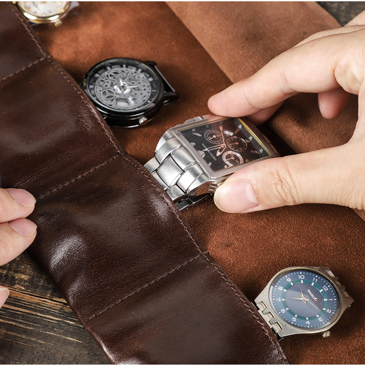 Echt lederen horloge rol buidel houder tas horloge display reiskoffer