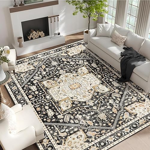 Miniatura 10 de MUJOO Alfombra Pequeña Negra Lavable, Alfombras Boho para Baño, Entrada, Dormitorio, Tapete de Puerta Delantera de Felpa Suave, Vintage Negro y