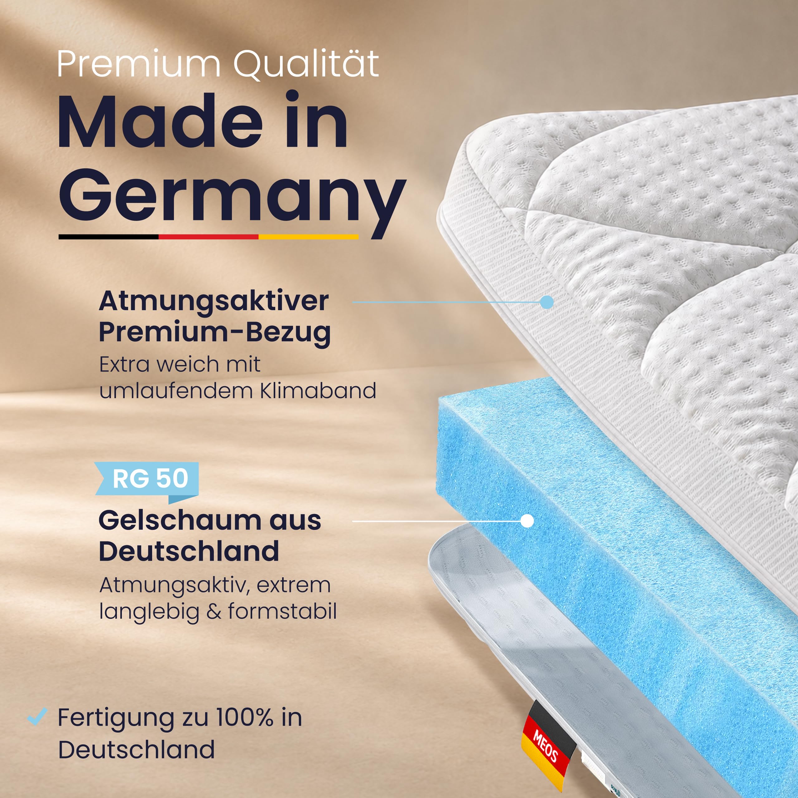 Meos materac wierzchni z pianki żelowej do materacy i łóżek kontynentalnych, wysoka gęstość RG50, poszewka nadaje się do prania w temperaturze do 60°C, 140 x 200 cm, Made in Germany