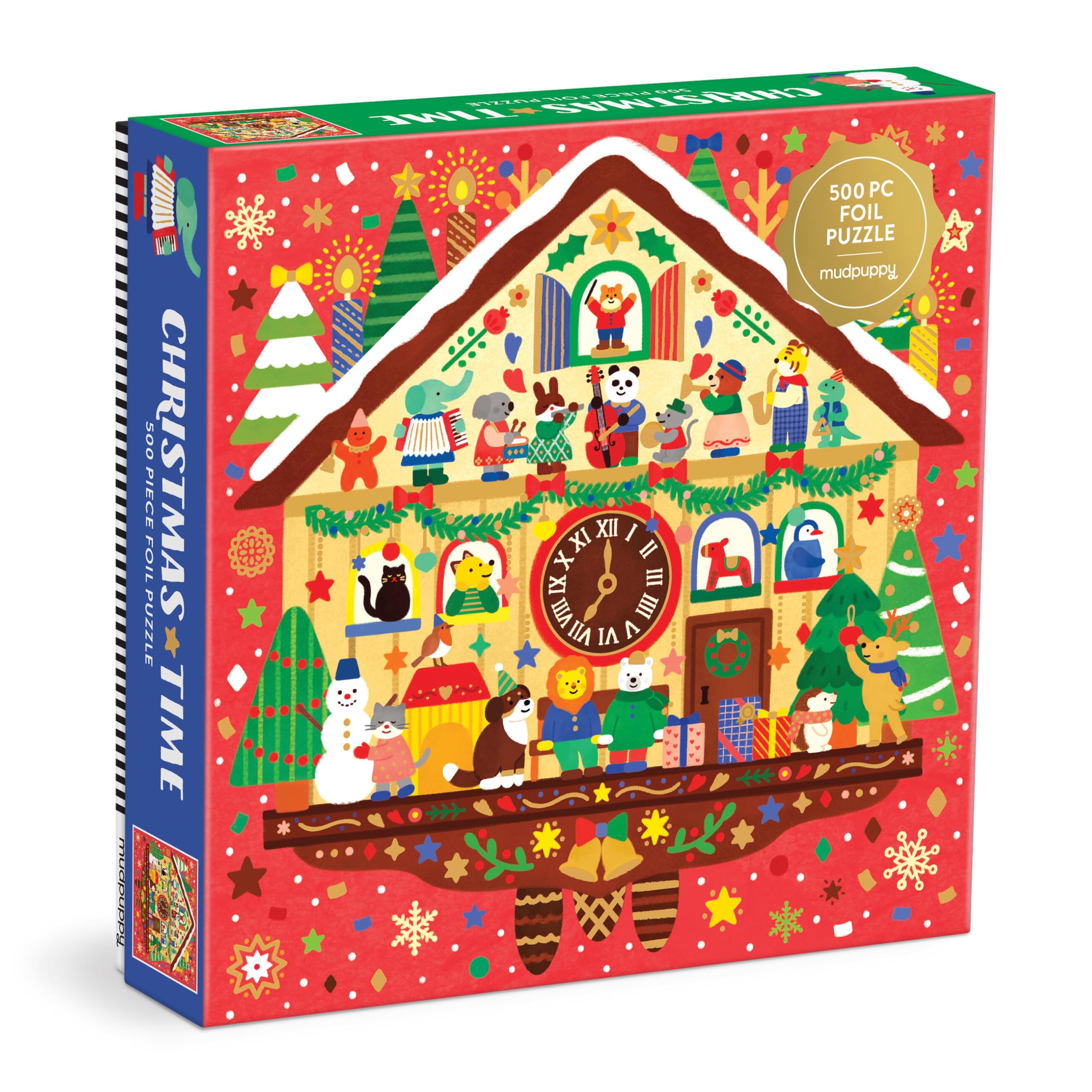 Christmas Time Foil Puzzle – 500 Piece Puzzle Featuring Adorable Illustration of Musical Animals and Cuckoo Clock