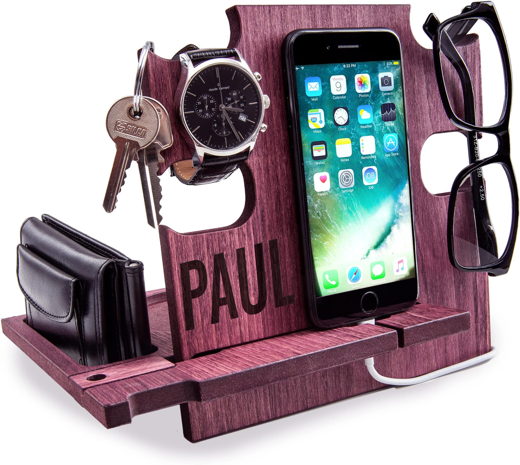 Personalized Gifts for Men, Cell Phone Stand, Wooden Desk Organizer, Phone Dock - Nightstand Charging Station, Phone Holder, Gift Ideas for Christmas, Birthday, Anniversary (Rosewood)
