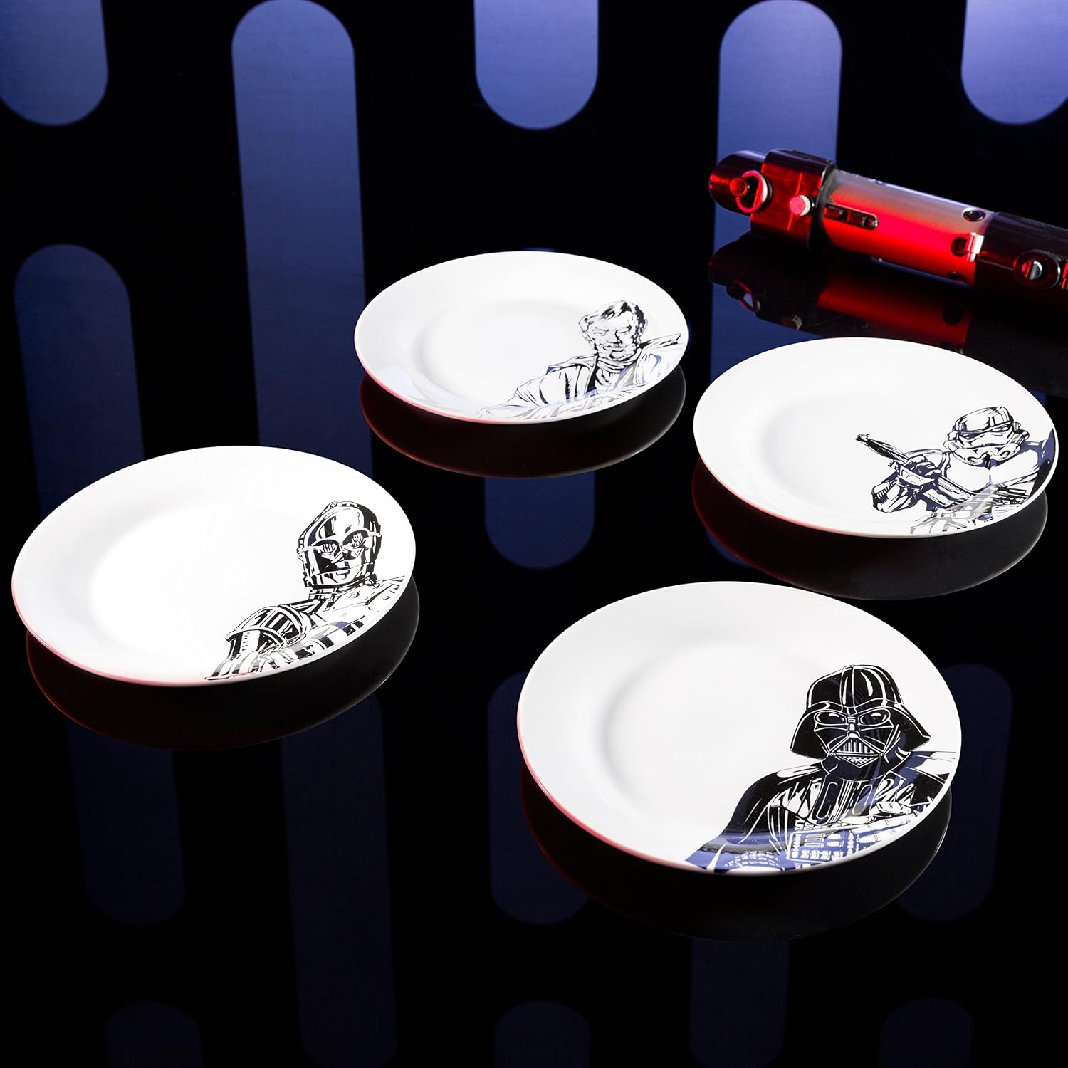 Zak Designs C3P0, Stormtrooper, Darth Vader & Obi-Wan Kenobi Ceramic 10.5" Plates, 4 pack set, Unique Black and White Designs, Star Wars Ep4 7.5in 4pc