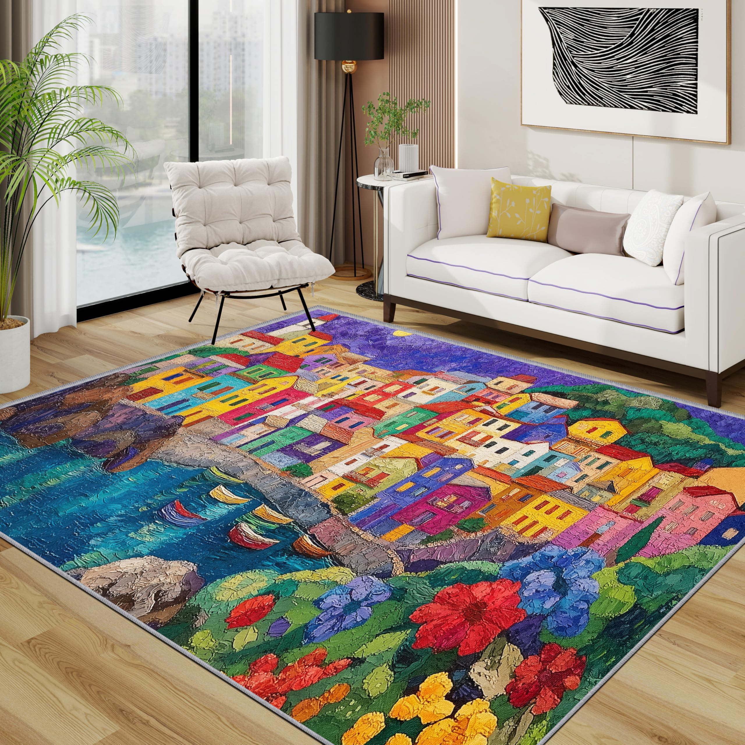 TerroVee Village Rugs Living Room Large 140x200 - Colourful Mediterranea Coastal Bedroom Rug, Seaside Town Impressionist Kids Washable Non Slip Low Pile Carpet, Village House Decor