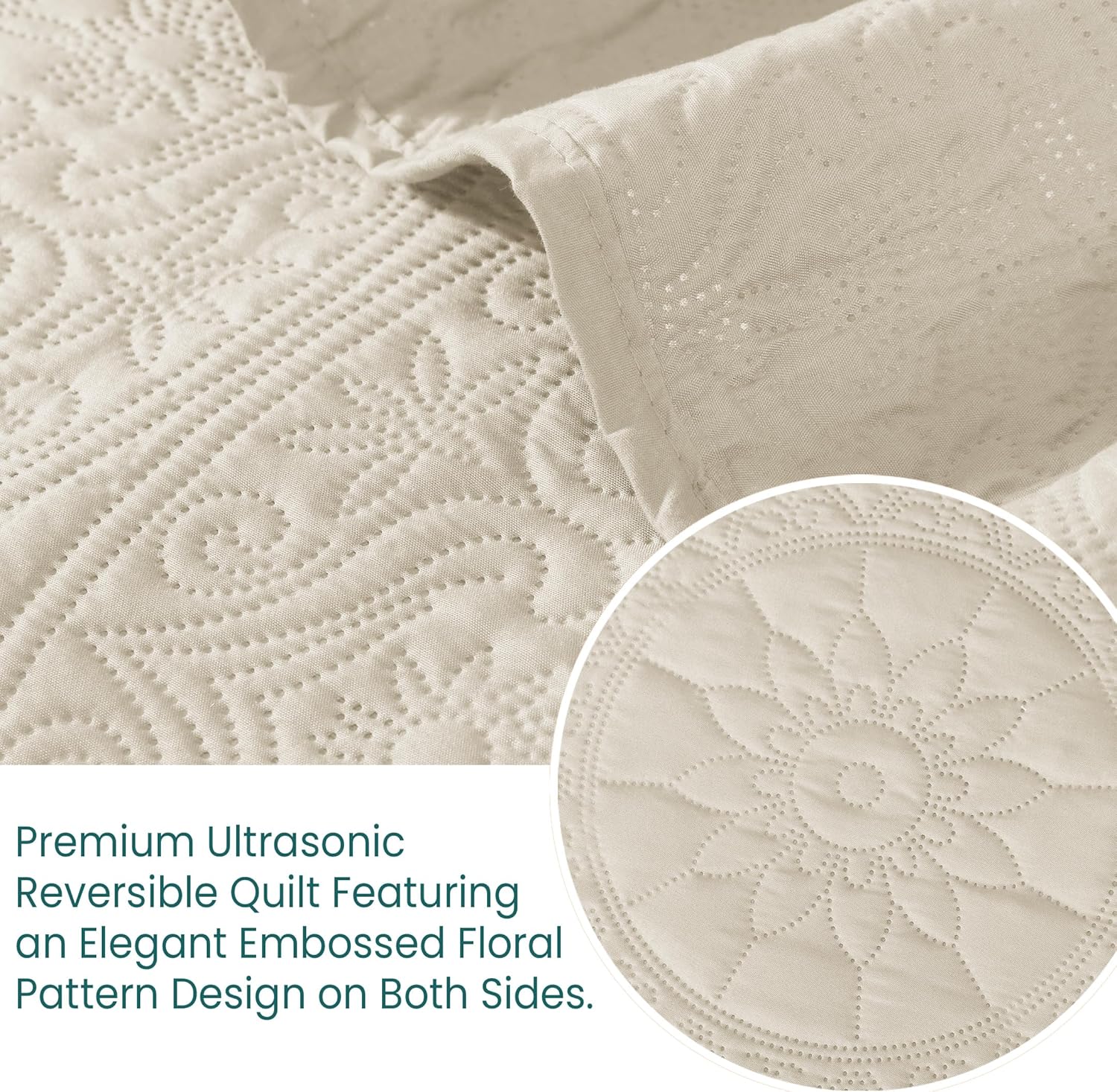 Cotton Passion Quilt Bedding Set - Lightweight Quilted Microfiber Bedspread Floral Pattern (Cream, Full/Queen)