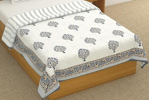 BLOCKS OF INDIA Hand Block Printed Cotton Summer Single Size Reversible Printed Malmal Dohar- Grey Brown Buta