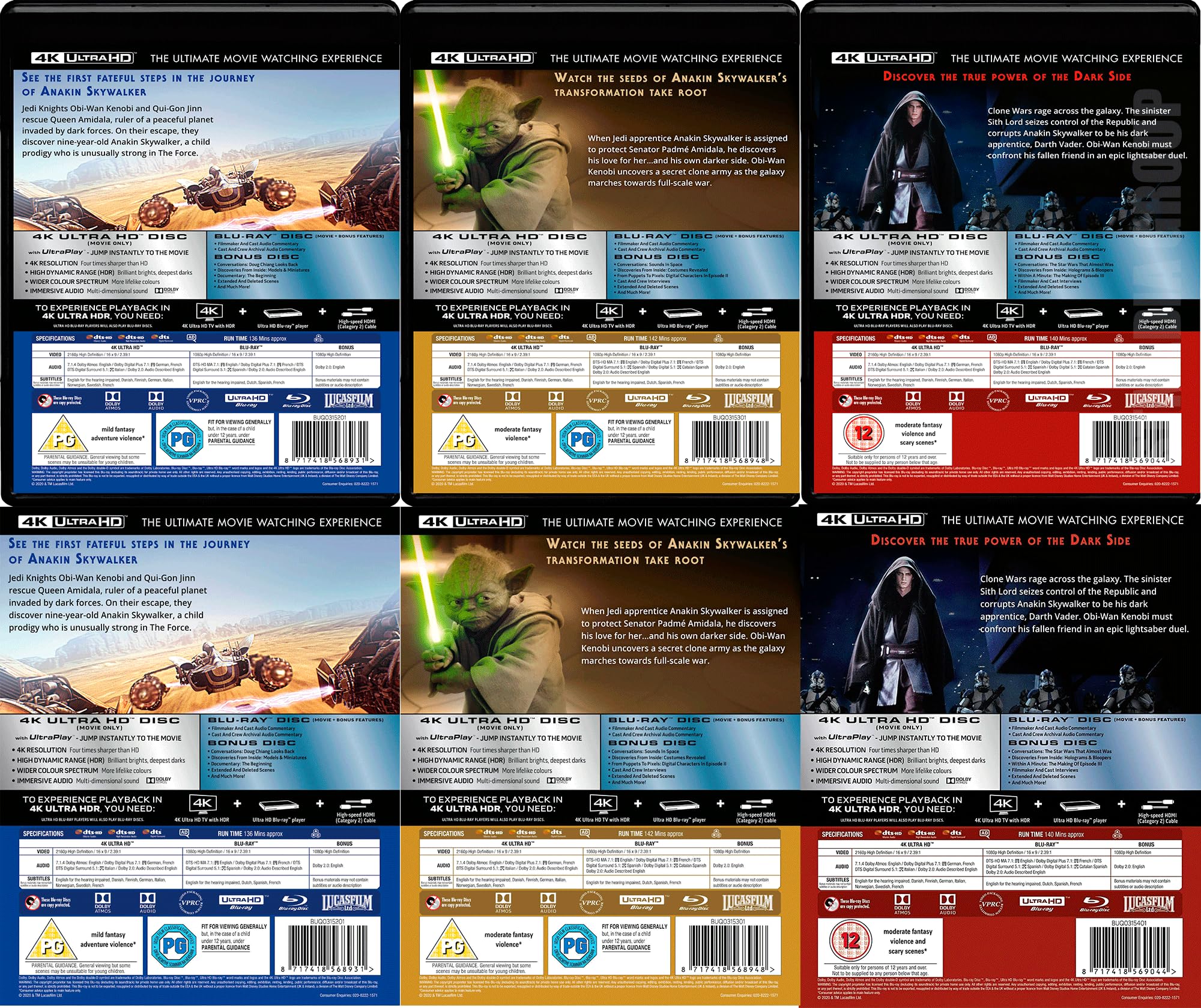 Star Wars Prequel Trilogy: Episode I - The Phantom Menace / Episode II - Attack of the Clones / Episode III - Revenge of the Sith [9-Disc Set] [4K UHD + Blu-ray] [Region Free]