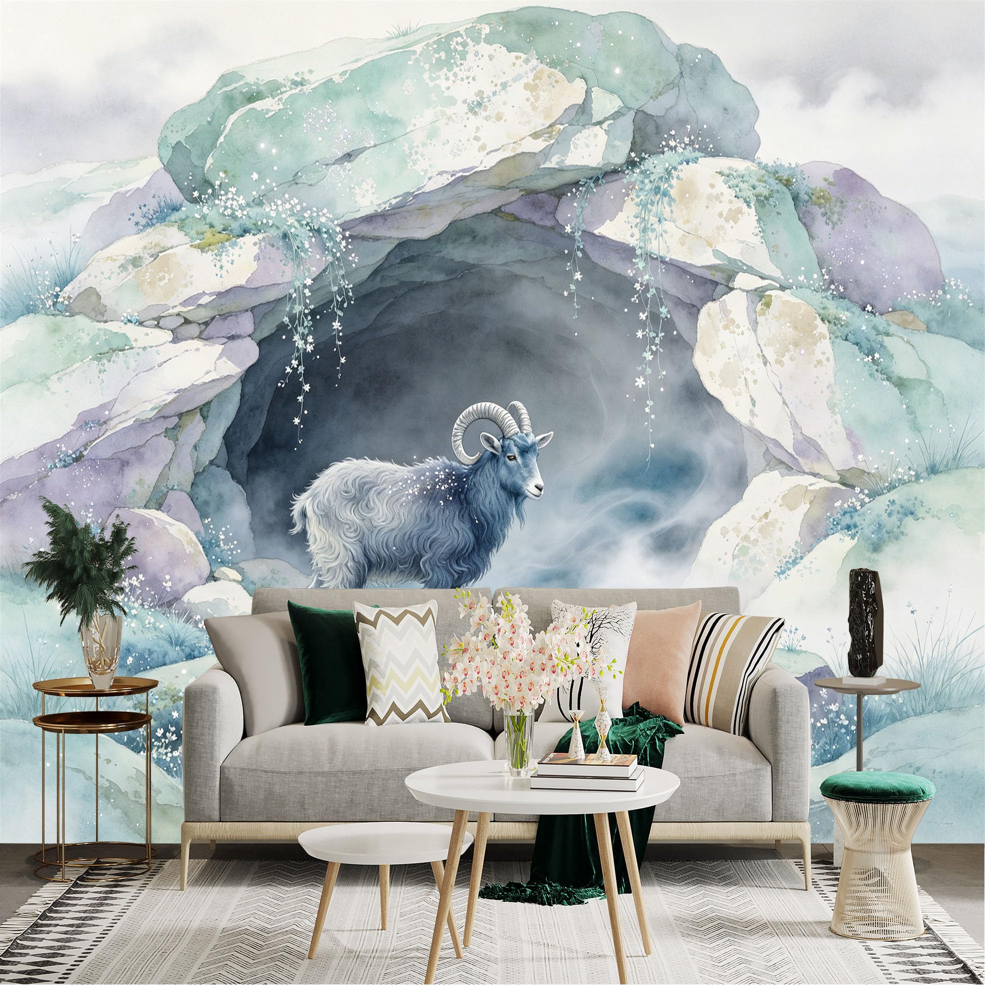 Lnzczhyre Bh260719138 Custom Size Wall Sticker Mural， Watercolor Mountain Goat In Misty Cave， Wild Animal Scenery， Soft Blue Rocky Landscape， For Wall Decoration， Peelandstick Wall Decals.