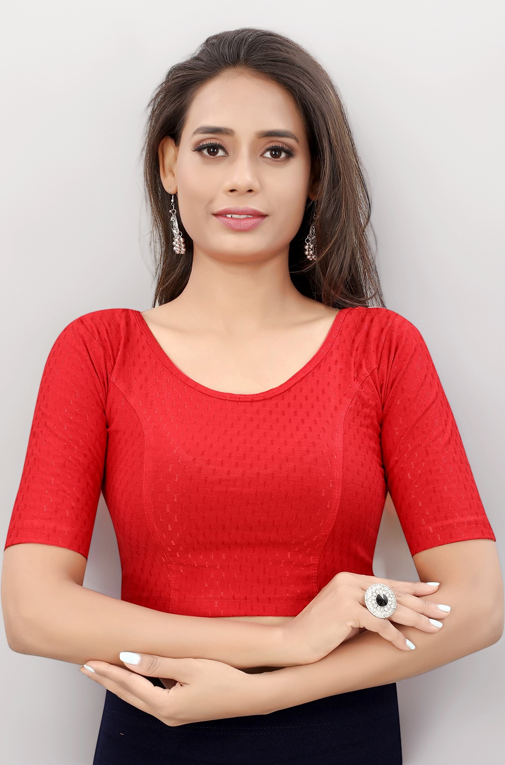 Round Neck Dobby Cotton Lycra Stretchable Elbow Sleeve Readymade Saree Blouse for Women Stylish