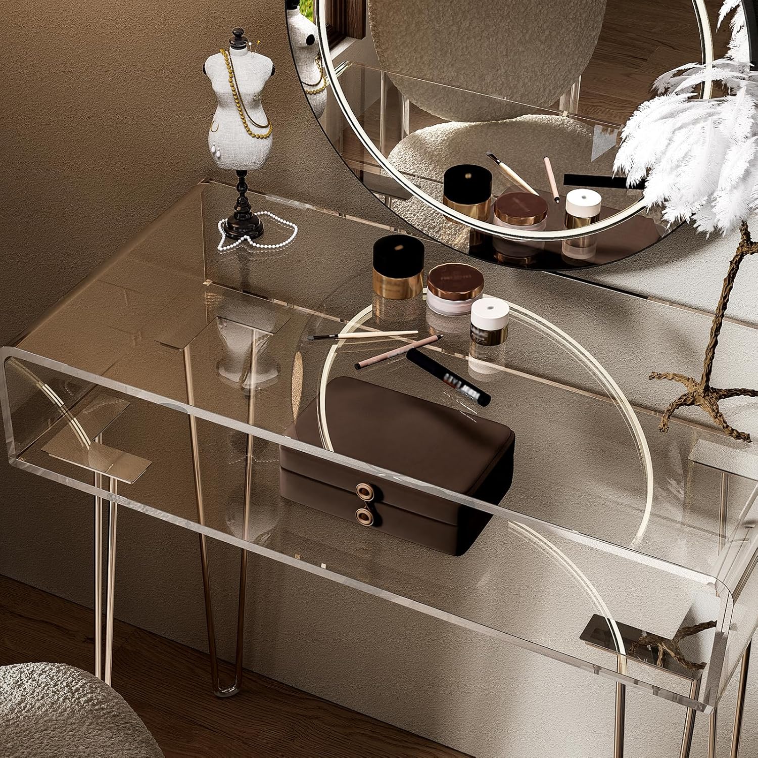 Eglaf Acrylic Vanity Desk - Small Makeup Vanity Table Dressing Table - 31.5'' L x 15.7'' W x 32.1'' H, Large Storage Space, for Bedroom, Dressing Room, Silver Metal Legs