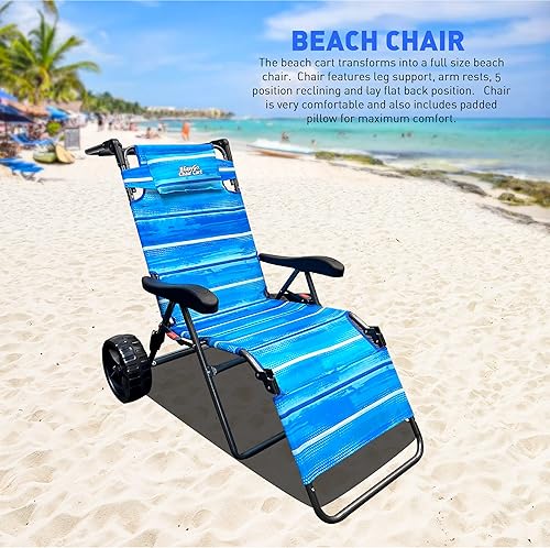 Miniatura 4 de Silla de carrito de playa, 2 en 1, gira de carrito de playa a silla de playa, ruedas grandes, fácil de usar, gran capacidad, color azul a rayas